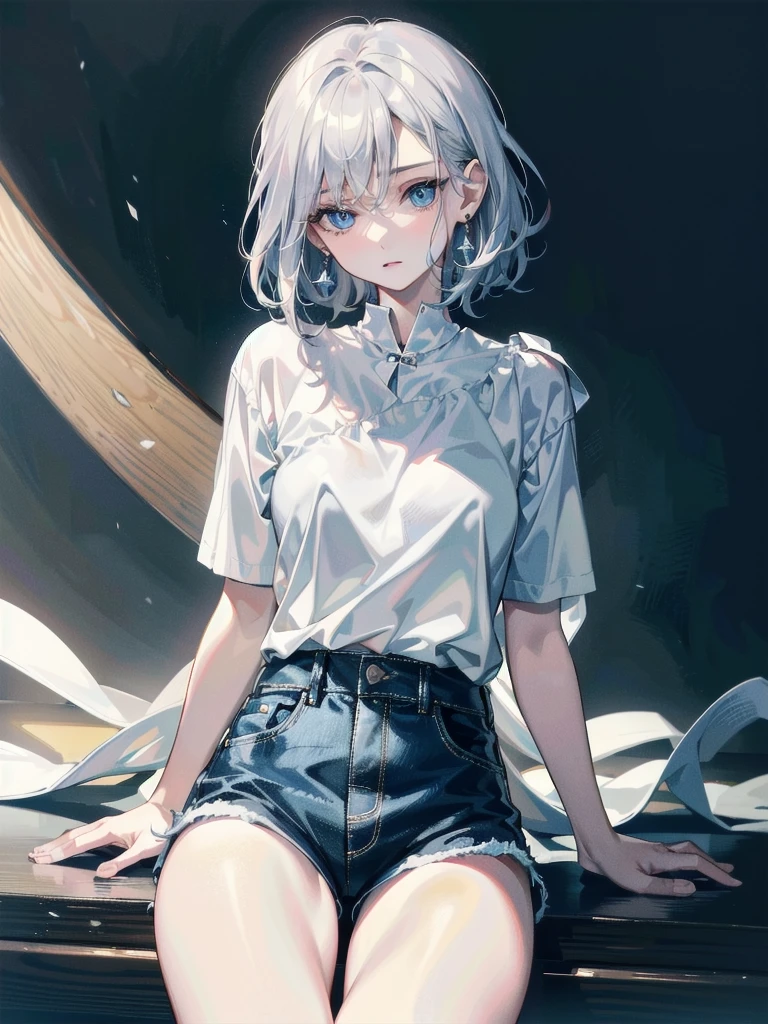 absurdres, RAW photo, extremely delicate and beautiful, masterpiece, Best Quality, ultra high resolution, 32k, hyperrealistic, ultra-detailed, detailed description, pale skin, 20 years old, detailed beautiful face and eyes, tearful mole, earring, short medium hair, wavy hair, whole body shot, wearing plain white shirt, denim shorts,