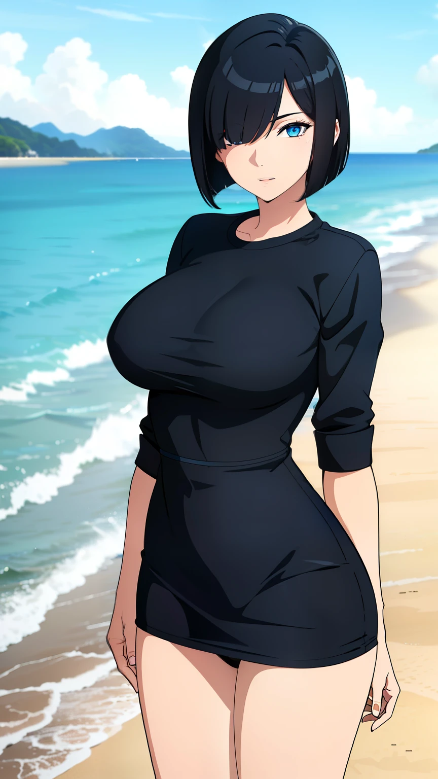 (best quality:1.5, highres, UHD, 4K, detailed lighting, shaders), black hair, bob cut, hair covering one eye, cool woman, cool girl, sharp eyes, blue eyes, beautiful, beach background, casual clothes, large breasts