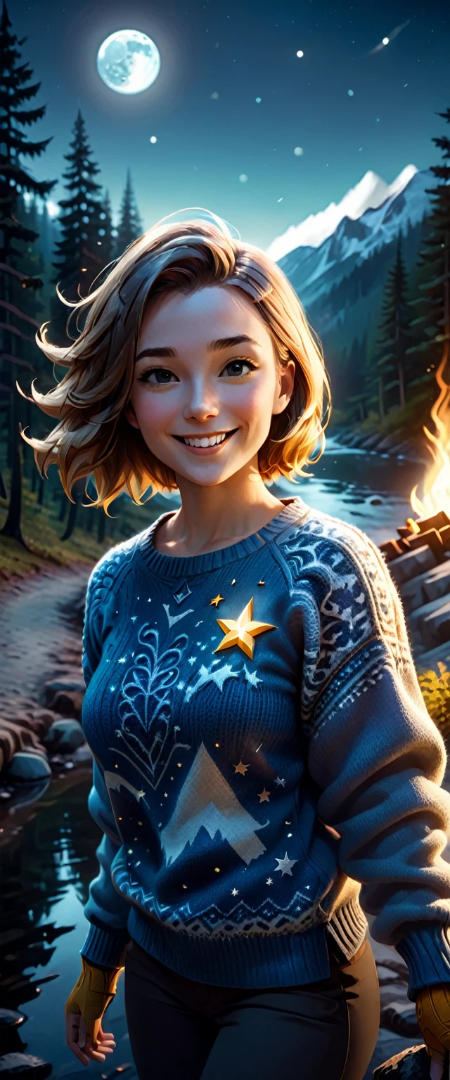 Veronica Cipher ((upper body selfie, happy)), masterpiece, top quality, Ultra detail, One, On open air, (night), mountain, nature, (Star, moon) cheerful, happy, glove, sweater, It has, flashlight, the forest, stone, River, wood, smoke, shadow, contrast, Clear sky, analog style (View viewer:1.2) (skin texture) (Granularity: 1.3), (warm shades, warm colors): 1.2), close-up, Cinematic light, side light, ultra high resolution, Жилет shadow, RAW, Wear a pullover, Kodak Vision 3,