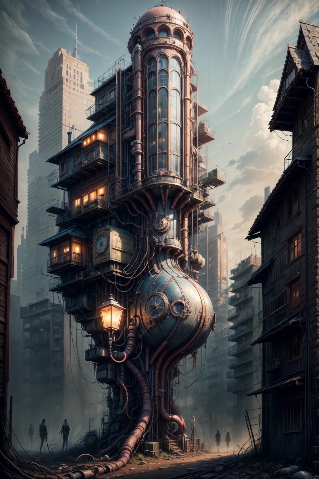 detailed steampunk cityscape, giant airships,clockwork machinery, cogs and gears, copper pipes,victorian architecture, old-fashioned street lamps,cobblestone streets,glowing neon lights,futuristic technology,industrial aesthetic,moody lighting,dramatic shadows,rich color palette,intricate details,cinematic composition,highly detailed,award winning digital painting,masterpiece,photorealistic,8k,HDR