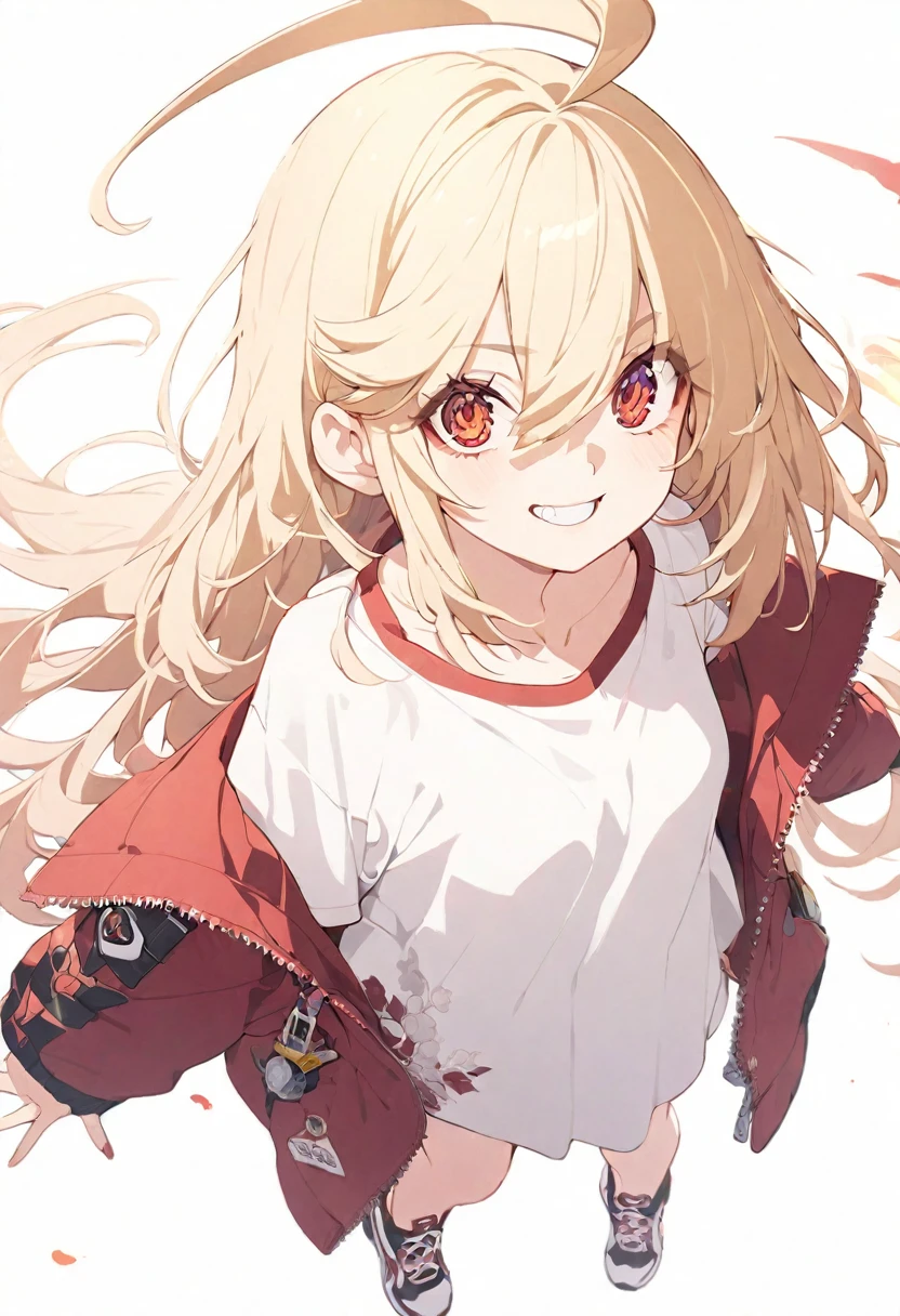 (muste piece), (best quality), very detailed eyes, expressive eyes, perfect face, very detailed face, highly detailed face, beautiful girl, (solo full body shot:1.3), Extremely exquisite and beautiful two-dimensional exquisite painting style, Extremely delicate and delicate, 8K high quality, CG wallpaper, HD, Front view, character portrait, Full body composition, (pure white background background),
1 girl, vtuber style, cool girl, blond middle hair, blond straight hair, small ahoge, amber eyes, sharp eyes, sharp gaze, hair between eyes, yaeba, Yae Teeth, white t-shirt, oversize T-shirt, red jacket, unzipped jacket, small chest, cropped shoulders, clavicle, grin, bare feet, chest visible through clothes, sneakers, (full body), looking at viewer, standing, white background,
