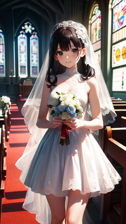 masterpiece, highest quality, One Girl, Thighs, beautiful girl, Flowers, たくさんの小さなflowerびら, flower、Narrow waist, RAWphotograph,Bright lighting、Face Light, Dynamic Lighting,  Ultra-realistic, High resolution, photograph, Sharp focus, Highly detailed eyes and face,Symmetrical face, whole body、Big Breasts、Long Hair、チラリと見えるThighs、Deep valley、Beautiful valley、pregnancy、((((flower嫁衣装、White lace micro mini skirt、Thighsに白い液が流れる、Right after sex、Bring to the front)))、((Wedding in church)))
