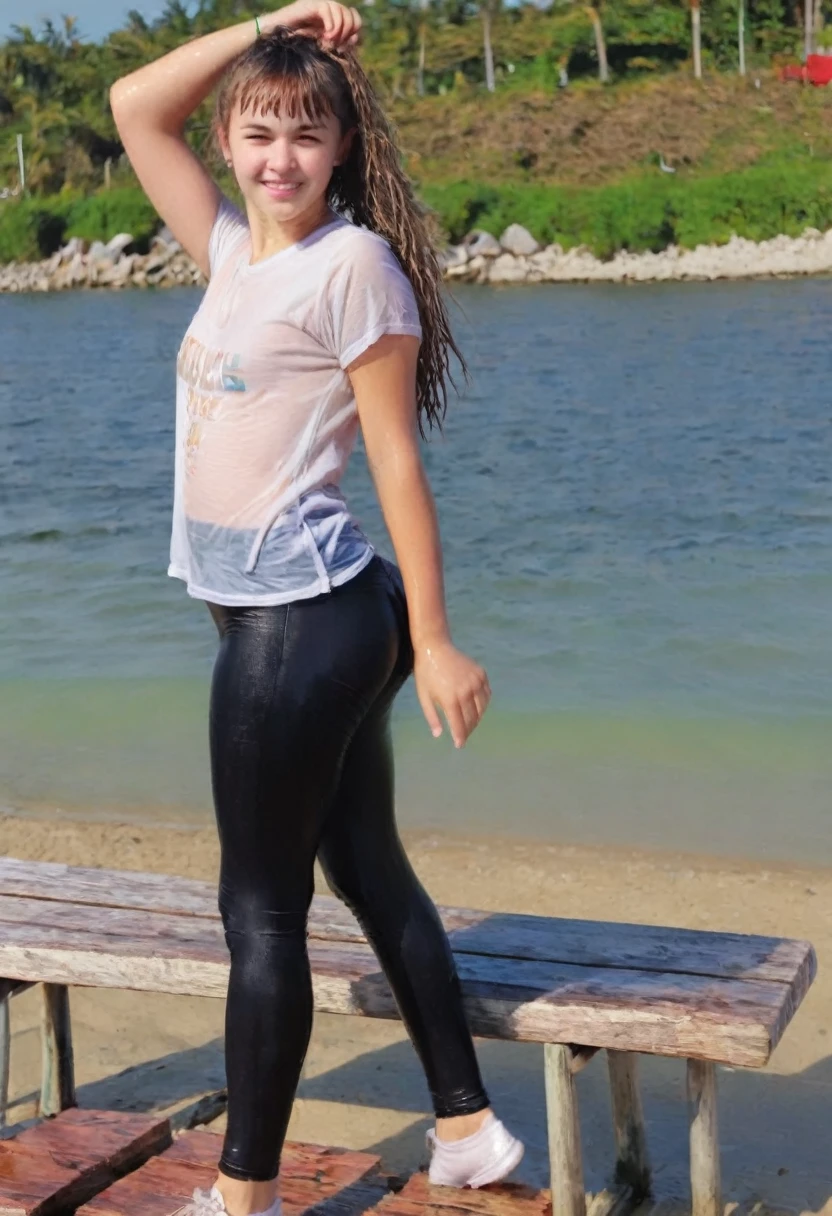 A soaked wet very embarrassed 18 years old brazillian girl, with wet curly hair and bangs ponytail, she is sitting on a bench on a paradise beach. She wears a cotton t-shirt and spandex leggings white sneakers, clearly not prepared for the water attractions. In the background, the backyard beach is full of visitors having fun, with waves and sand. The girl looks a little out of place, but is watching the movement around her, w3t, wetclothes, soakingwetclothes, ((cutest young face)), cuties ((full body)), full-length shot, slimwoman
