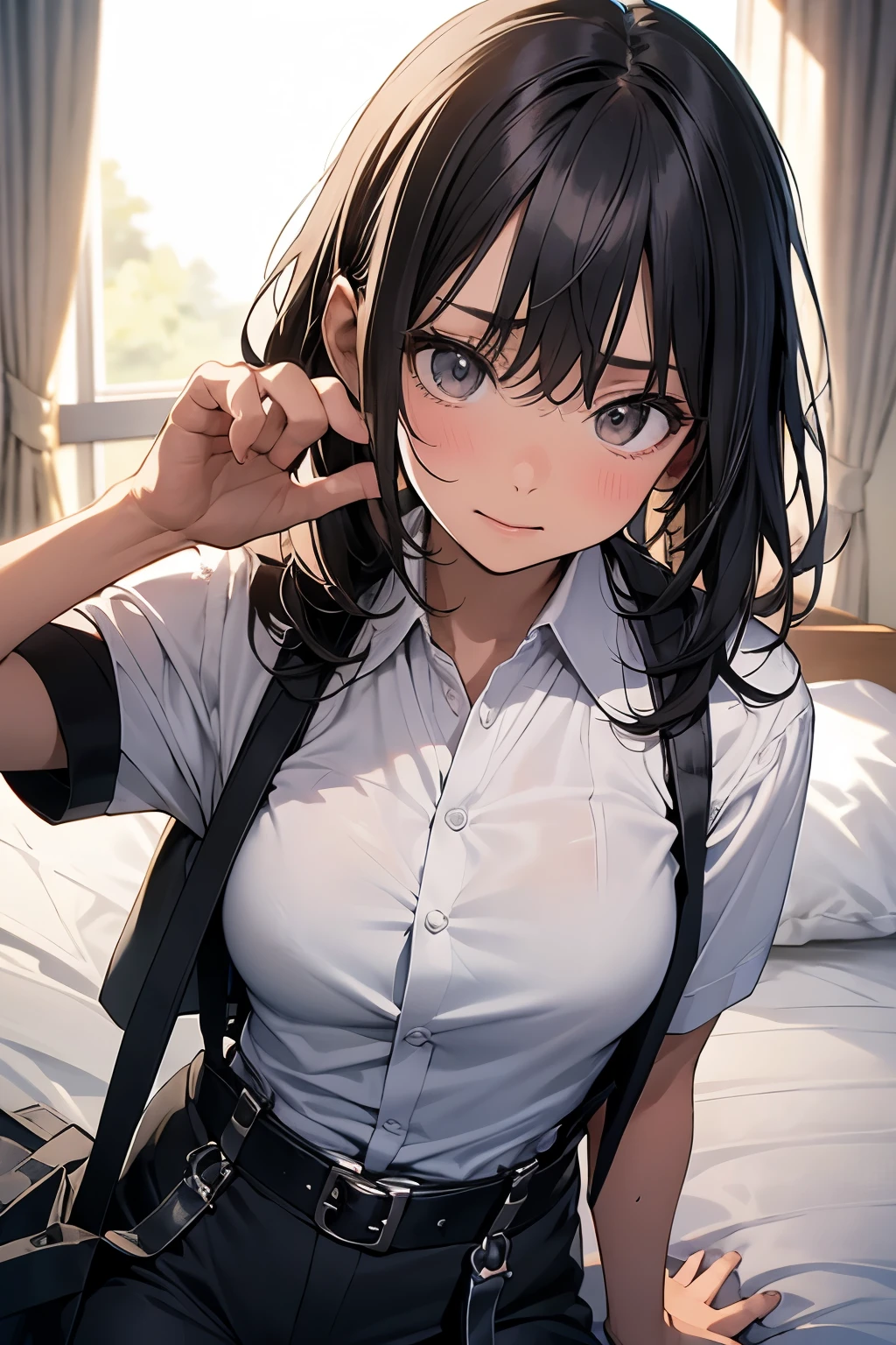 hair、Staring at the audience　　　Black suspenders　　　bulging big breasts　　 　 　　　wall: 　Black pantsuit　　　　　　sight　　　Small face　 　　　holster　　　Beautiful woman　　Show your hand　　 Lying in bed　　sight 　　Taunt　side　side汗 　arm　Dress shirt　belt　summer　Armpit sweat
