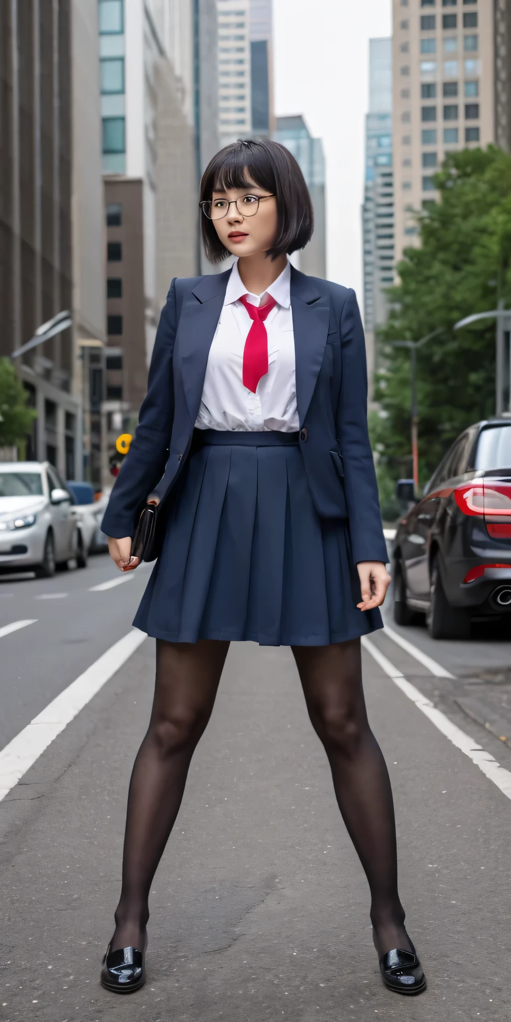 Giant girl art, Surreal , , highly detailed Giant girl shot, Giant, short hair, Black Pantyhose, Giant high school girl much bigger than a skyscraper。Wearing rimless glasses。Huge boobs。Navy Blue Blazer、Red tie、Mini skirt、Black Pantyhose、Pantyhose sole、Pantyhose Toes、I don&#39;t wear shoes.。very small metropolis。Miniature metropolis。In a Miniature metropolis that is only feet tall.、squat and masturbate。Full body description。GTS, Giant girl, Black Pantyhose, Pantyhose Legs, Pantyhose Legs, ,Stomping City,Crush City,Small Town,Micro City, Intense masturbation