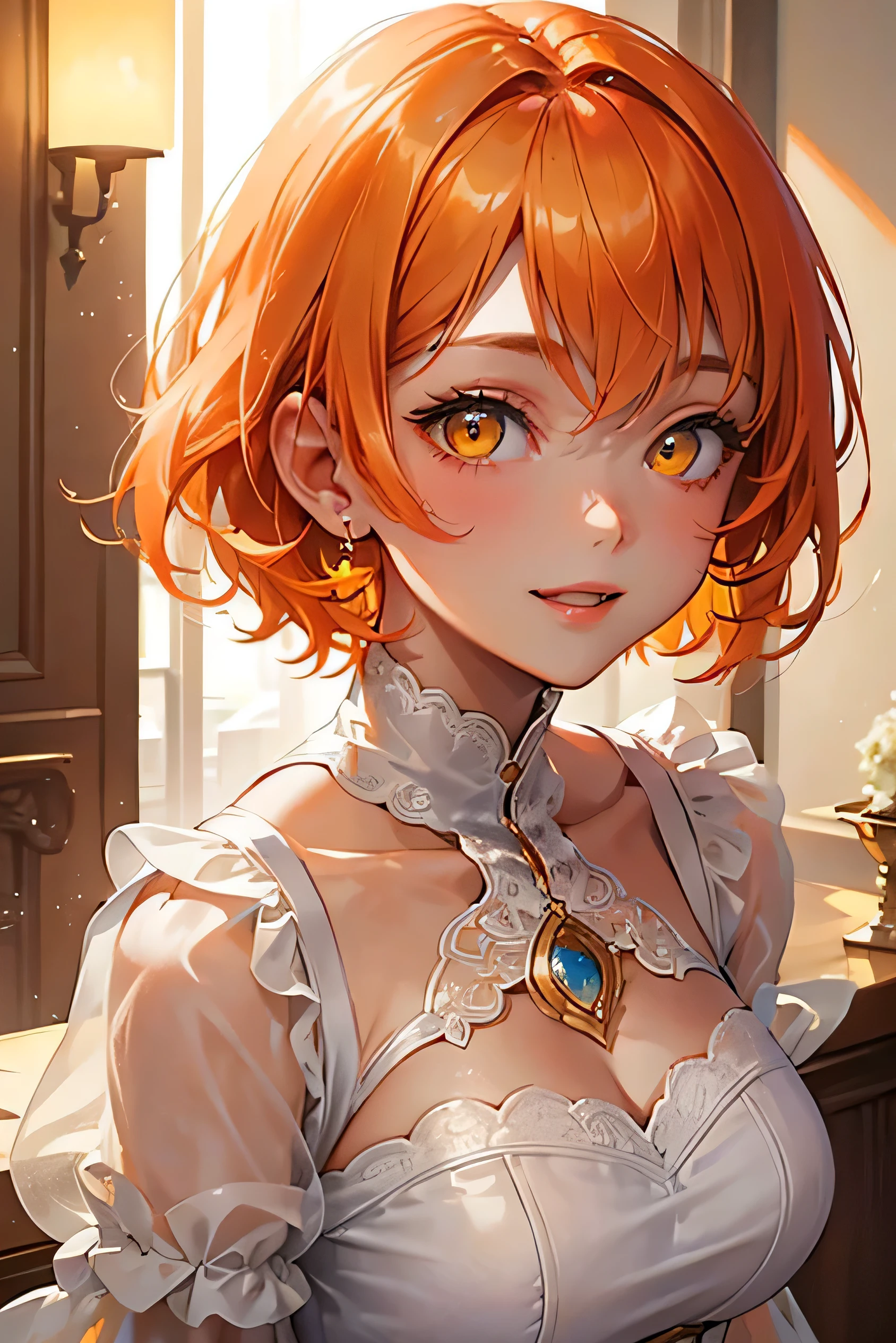 masterpiece, highest quality, so beautiful、up to date、Orange Hair, short hair, ((Glowing yellow eyes))、I want to liven things up、Adult woman in white dress、Face close-up、bullish expression、(Fearless smile)