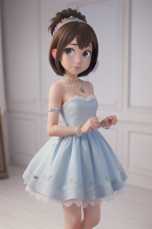 masterpiece, high quality best quality, smooth, disney style, girl, strapless glitter dress, jewellery