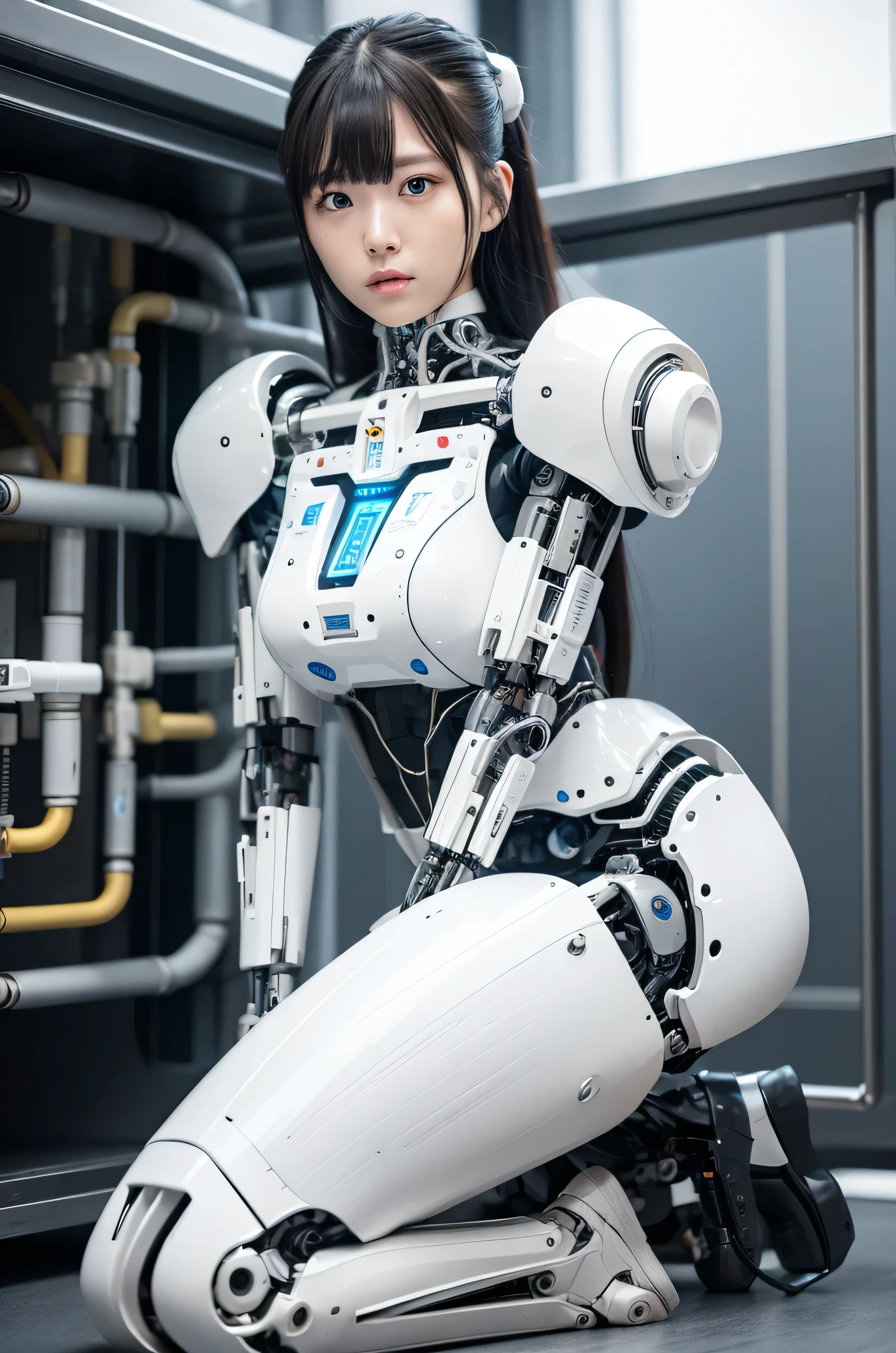 masterpiece, best quality, extremely detailed, Japaese Cyborg Girl,Plump , White boots,control panels,android,Droid,Mechanical Hand, ,clothes with a sense of mechanical technology, Robot arms and legs, Black Robot Parts,Black hair,Mechanical body,dress shirt,long vest,Blunt bangs,White abdomen,White robotics parts,perfect robot woman,future laboratory,cyber pank,charging spot,laboratory,long tube,thick cable connected her neck,kneel on the floor,bowing,ceramic body ,mechanical body,blue eyes,android,robot humanoid