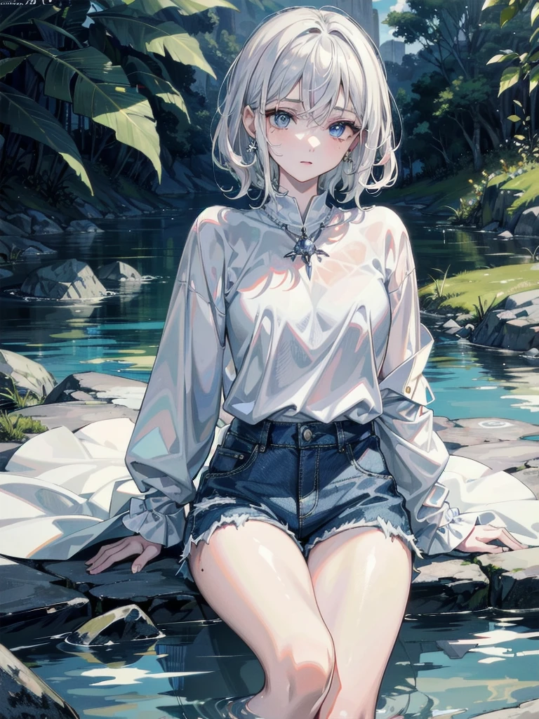 absurdres, RAW photo, extremely delicate and beautiful, masterpiece, Best Quality, ultra high resolution, 32k, hyperrealistic, ultra-detailed, detailed description, pale skin, 20 years old, detailed beautiful face and eyes, tearful mole, earring, short medium hair, wavy hair, whole body shot, wearing plain white shirt, denim shorts, outdoor,