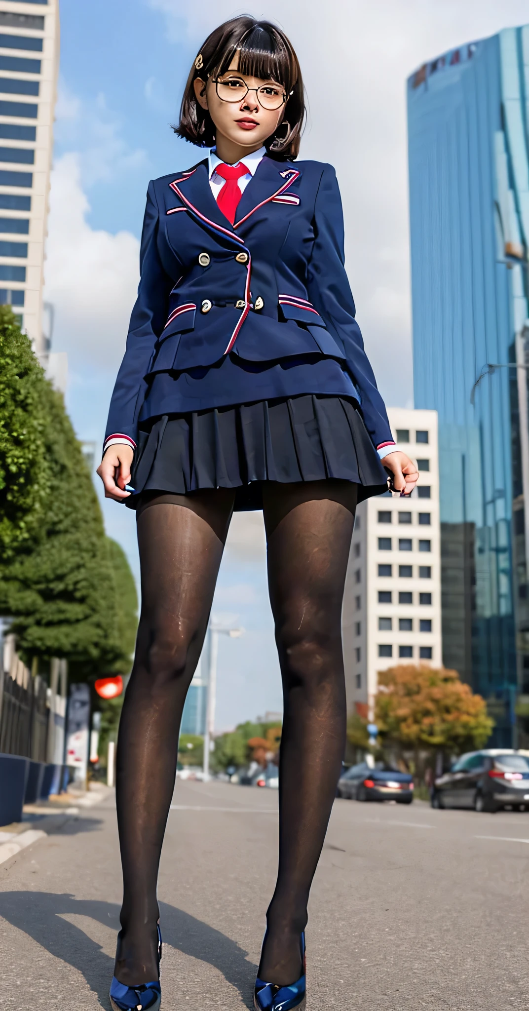 Giantの芸術, 非常に詳細なGiantショット, Giant, short hair, A high school girl who is much bigger than a skyscraper, wearing rimless glasses, big breasts, big ass, navy blue blazer, red tie, mini skirt, black pantyhose, pantyhose barefoot, Steam comes out from the soles of the feet, very small metropolis, miniature metropolis, crush the big city, full body description, ＧＴＳ, ギガGiant, Stomping City, crash city, Small town, micro city, High resolution, highest quality, masterpiece, 