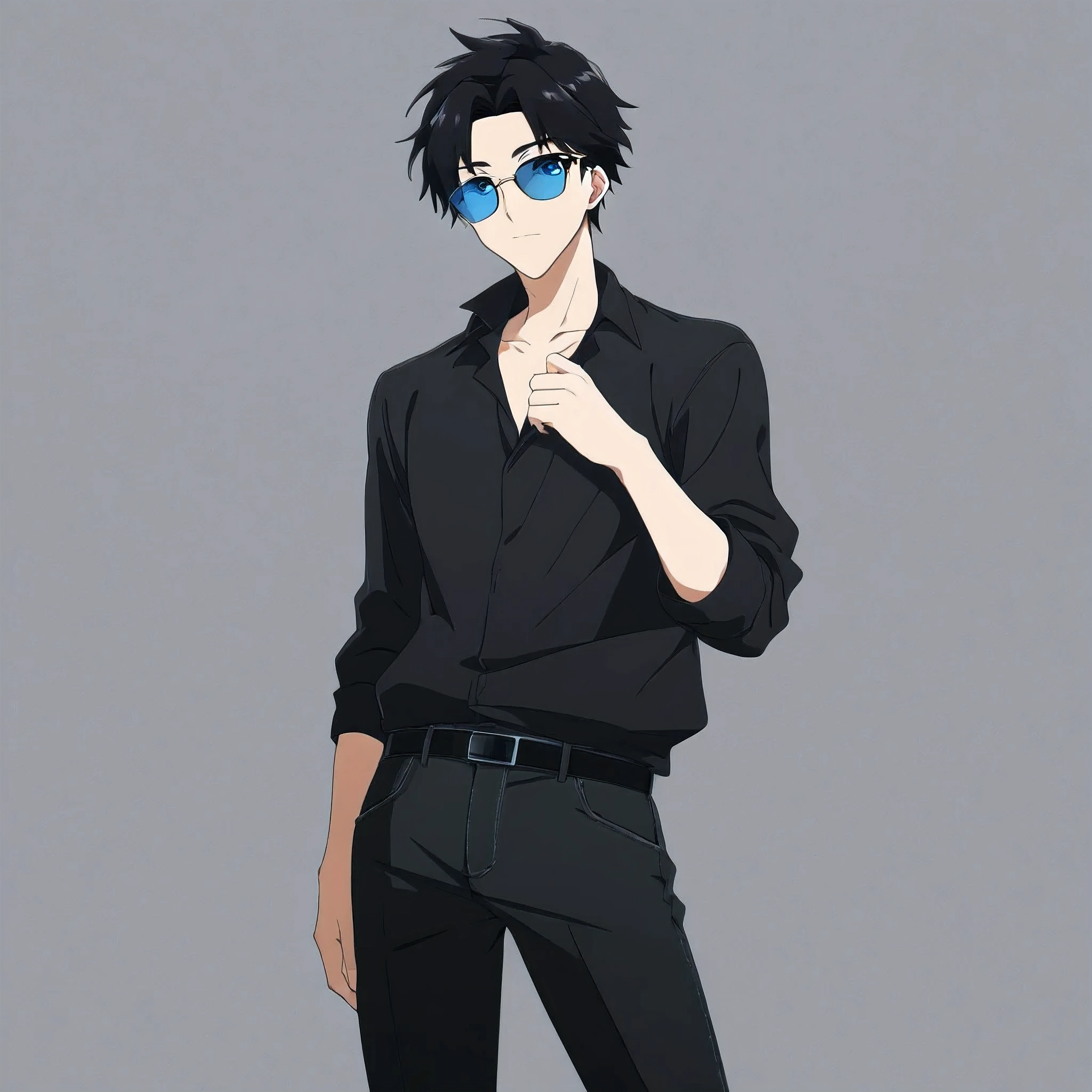 anime boy with sunglasses and wearing a black shirt and black pants, male anime style, very modern anime style, modern anime style, anime handsome man, anime boy, male anime character, style anime, anime picture, in an anime style, levi ackerman, tall anime guy with blue eyes, anime style art, anime style character, as an anime character, in anime style, anime shading), very anime style, handsome anime pose