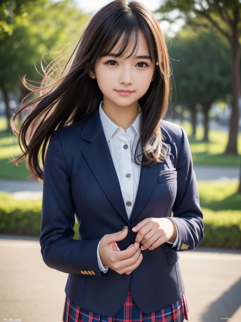 (8k, RAW Photos, highest quality, Tabletop:1.2), (Realistic, Photorealistic:1.4), (Highly detailed 8k wallpaper), Sharp focus, Depth of written boundary,highest quality, Very detailed, Beautiful and detailed, (Brown Hair), Natural color lip, (smile), (Wears a navy blue school blazer uniform:1.3), (Semi-long hair:1.3), Standing in the park, (The wind is blowing、A navy blue and pink checked miniskirt flips up), 18 year old girl, Backlight