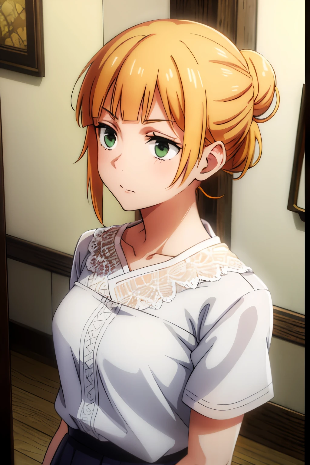 orange hair tied in a bun, white lace blouse, green eyes and long brown skirt, anime, detailed.