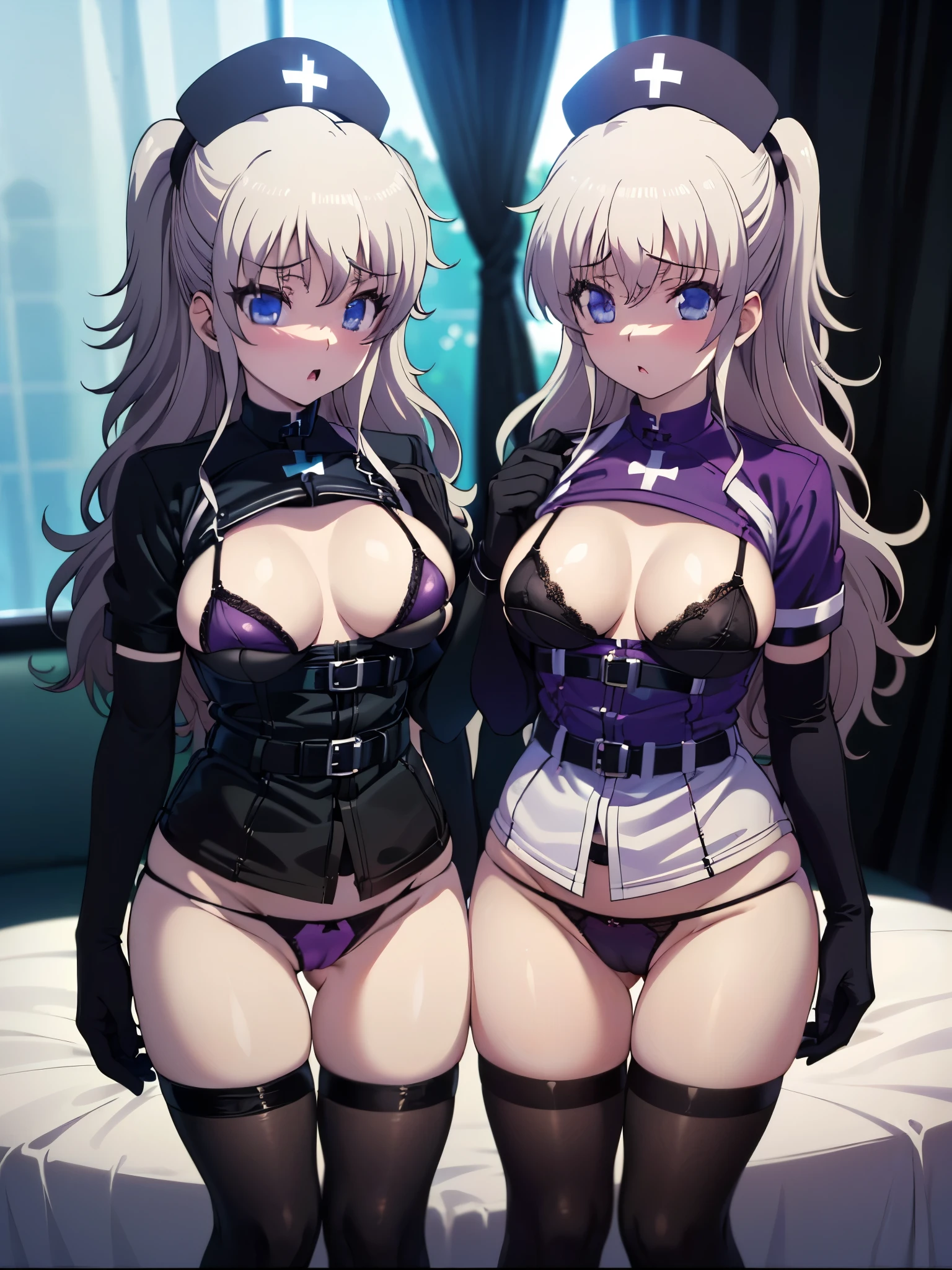 NSFW,1 girl,nao tomori,(((nurse, nurse, nurse Cap, Black clothes, Black legwear, Black elbow gloves、Purple Satin Paurple Bra、 Black microskirt))),(Perfect hands),(Perfect Anatomy),(masterpiece),(highest quality),Embarrassed,blush