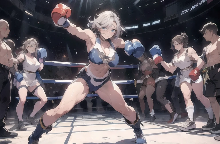 ((( uma mulher em um ringue de boxe, in floor, pose de boxe, dynamic movement, 1 menino, crowd of people looking))), olhos lindos, garota linda, pele com alto detalhe, Olhos de alto detalhe, cabelo com muitos detalhes, high resolution, ultra detalhado, afiar imagem, altamente detalhado, Obra de arte, melhor qualidade, Fotorrealista,
1 garota, cabelo curto, Bracelete, roupa de luta livre, gola alta, marca facial:1.2, pulseira, botas de joelho, estrela dourada no peito