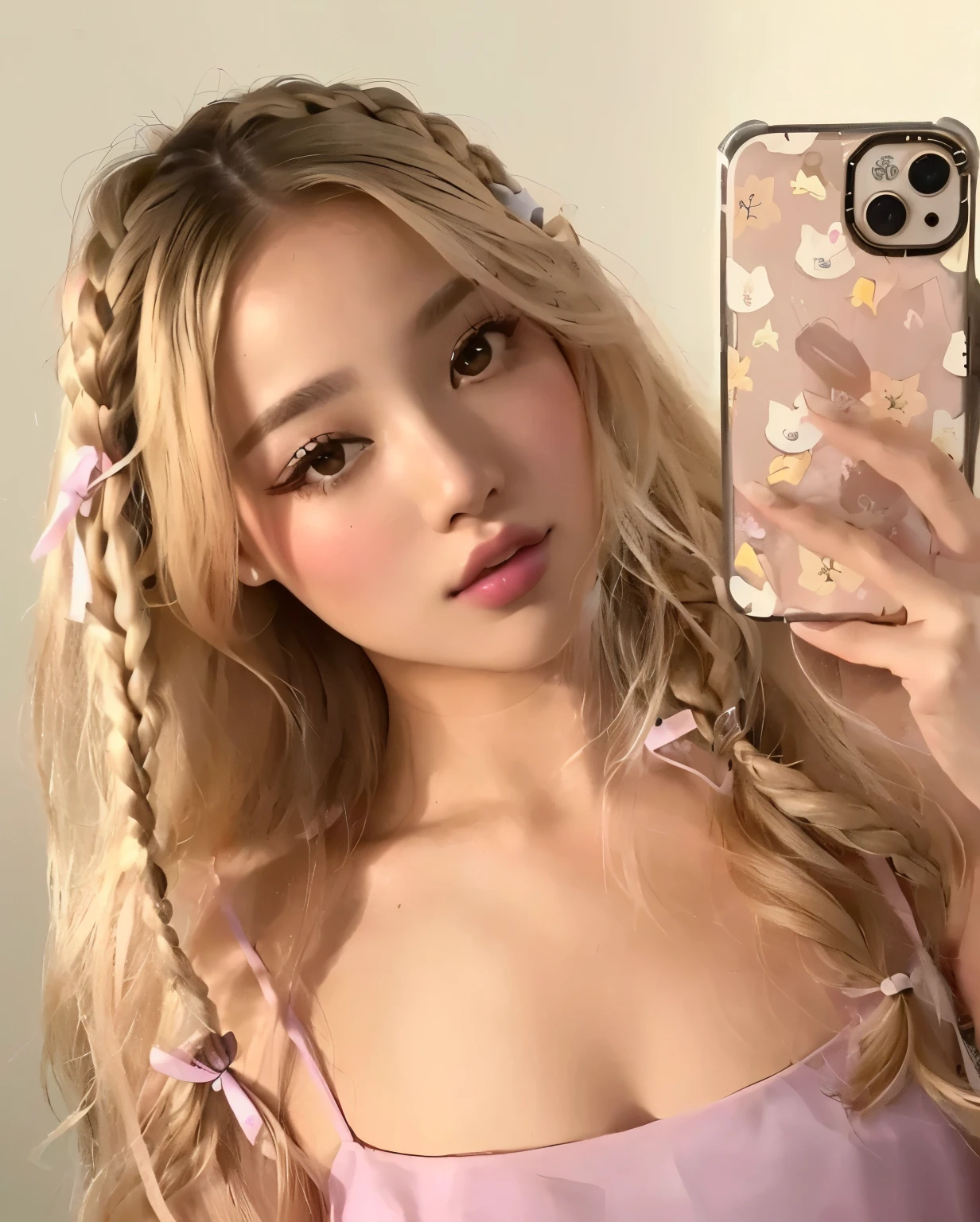 Jennie Kim with long blonde hair taking a selfie with her phone, jenniw de blackpink, pelo rubio con coletas, nodded, peinado de coletas, peinado kawaii, modelo de instagram, asian features, 18 years, bella delfina, autofoto iphone.