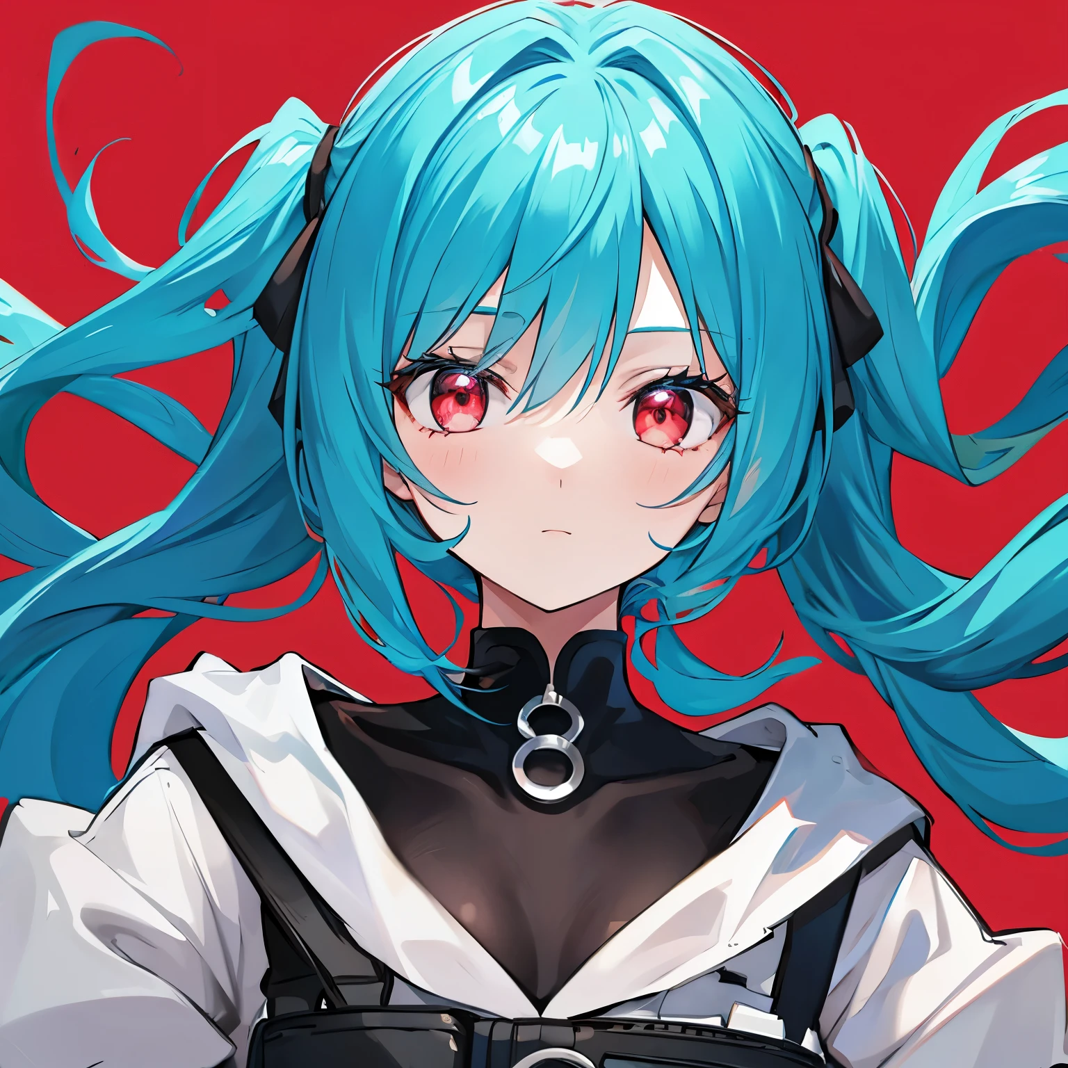 Young woman, Upper body, big face. turquoise hair, Red eyes, black , simple red background.