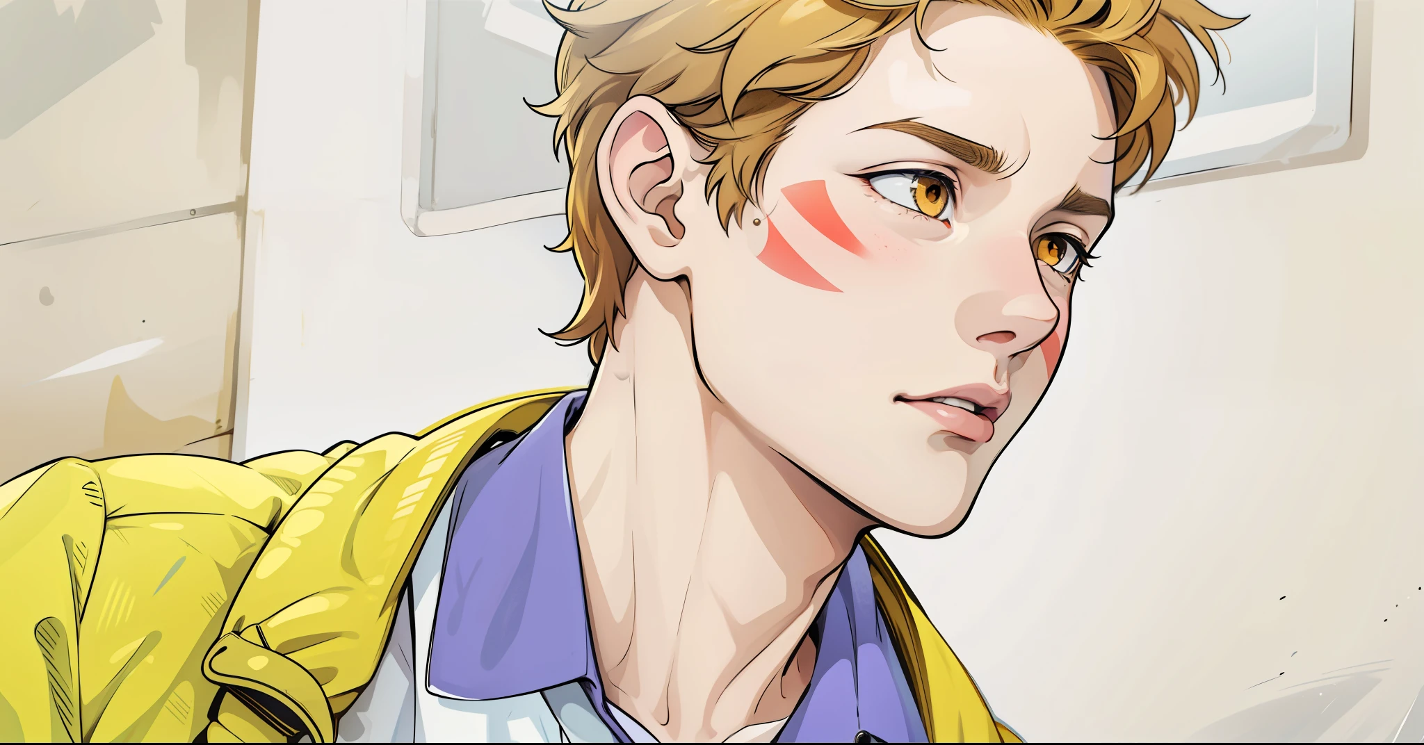 he is running away from someone he honey colored eyes yellow jacket he is worried with some fear