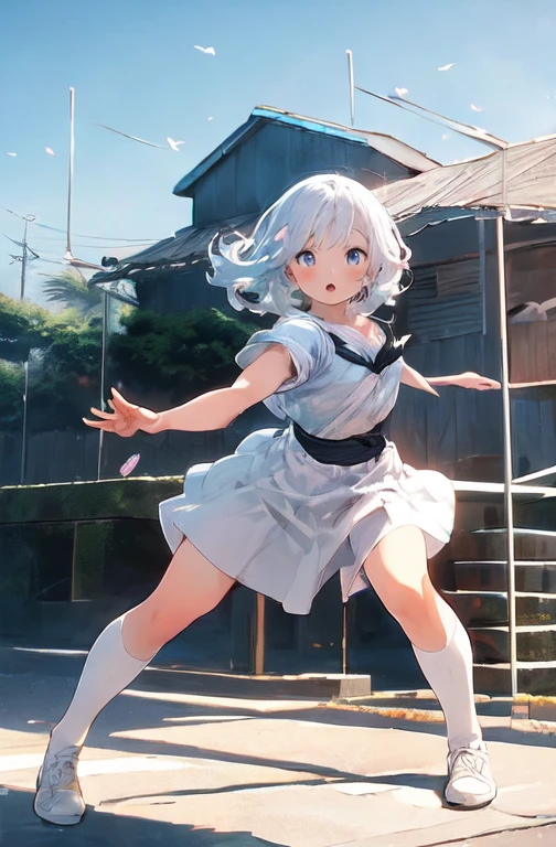 1 garota, Sozinho, shiro /(homem morto_Wonderland/), cabelo branco, olhos vermelhos, Obra de arte, melhor qualidade, high resolution, dynamic pose, Cabelo muito comprido,