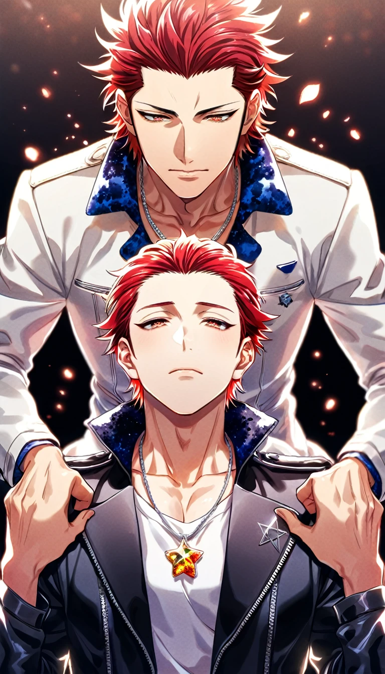 (absurdres, highres, ultra detailed, HDR) master piece, best quality, Suoh Mikoto, red hair, hair is kept short, ruffled, slicked back and spiked, with two strands of hair near the opposite sides of his head falling over his face, expressive amber eyes, black leather jacket with a black fur collar, a white V-neck shirt underneath, silver star-shaped necklace, K Project, Reiki, red hair, expressive amber eyes, two sexy men together, gay couple, yaoi, handsome, toned chest, white leather jacket, magical fantasy, glittering, sparkling, red lotus, red petals, radiant, red sparkling fireflies