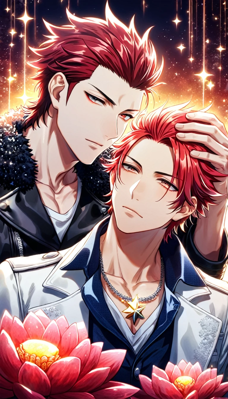 (absurdres, highres, ultra detailed, HDR) master piece, best quality, Suoh Mikoto, red hair, hair is kept short, ruffled, slicked back and spiked, with two strands of hair near the opposite sides of his head falling over his face, expressive amber eyes, black leather jacket with a black fur collar, a white V-neck shirt underneath, silver star-shaped necklace, K Project, Reiki, red hair, expressive amber eyes, two sexy men together, gay couple, yaoi, handsome, toned chest, white leather jacket, magical fantasy, glittering, sparkling, red lotus, red petals, radiant, red sparkling fireflies