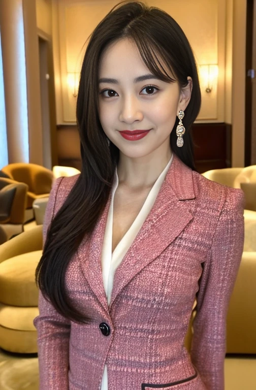 (8k, RAW Photos, highest quality, masterpiece:1.2),(Elegant pink tweed jacket),whole bodyのポートレート,(clear),(Straight Hair),(Black Hair),(Japanese),Female politicians,Smile,Big black eyes,Lip gloss,Necklace facing forward,(Standing upright and at attention),Stiletto heels,(Luxury hotel lounge:1.5),(whole body:1.5),(Cute Face:1.3),(High heels:1.3),(Big Hips 1.3),(Medium thighs:1.3),(Pink lips),(Fine skin:1.3),(Accurate and perfect human ???????:1.3)，(Exquisite and perfect features:1.3), (Long eyelashes:1.3)，(lips are shiny and、Textured:1.3),(Earrings:1.3),(Beautiful fine details),(Graceful Face:1.3),Look straight at the camera:1.3