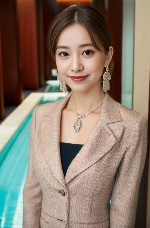 (8k, RAW Photos, highest quality, masterpiece:1.2),(Elegant pink tweed jacket),whole bodyのポートレート,(clear),(Straight Hair),(Black Hair),(Japanese),Female politicians,Smile,Big black eyes,Lip gloss,Necklace facing forward,(Standing upright and at attention),Stiletto heels,(Luxury hotel lounge:1.5),(whole body:1.5),(Cute Face:1.3),(High heels:1.3),(Big Hips 1.3),(Medium thighs:1.3),(Pink lips),(Fine skin:1.3),(Accurate and perfect human anatomy:1.3),(Exquisite and perfect features:1.3), (Long eyelashes:1.3),(lips are shiny and、Textured:1.3),(Earrings:1.3),(Beautiful fine details),(Graceful Face:1.3),Look straight at the camera:1.3