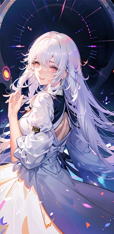 White hair, mole under the eye, inadequate sclera, Heterochromia, blush, Shy, laughing, Bell, ray tracing, God rays, backlight, glowing light, anime style  