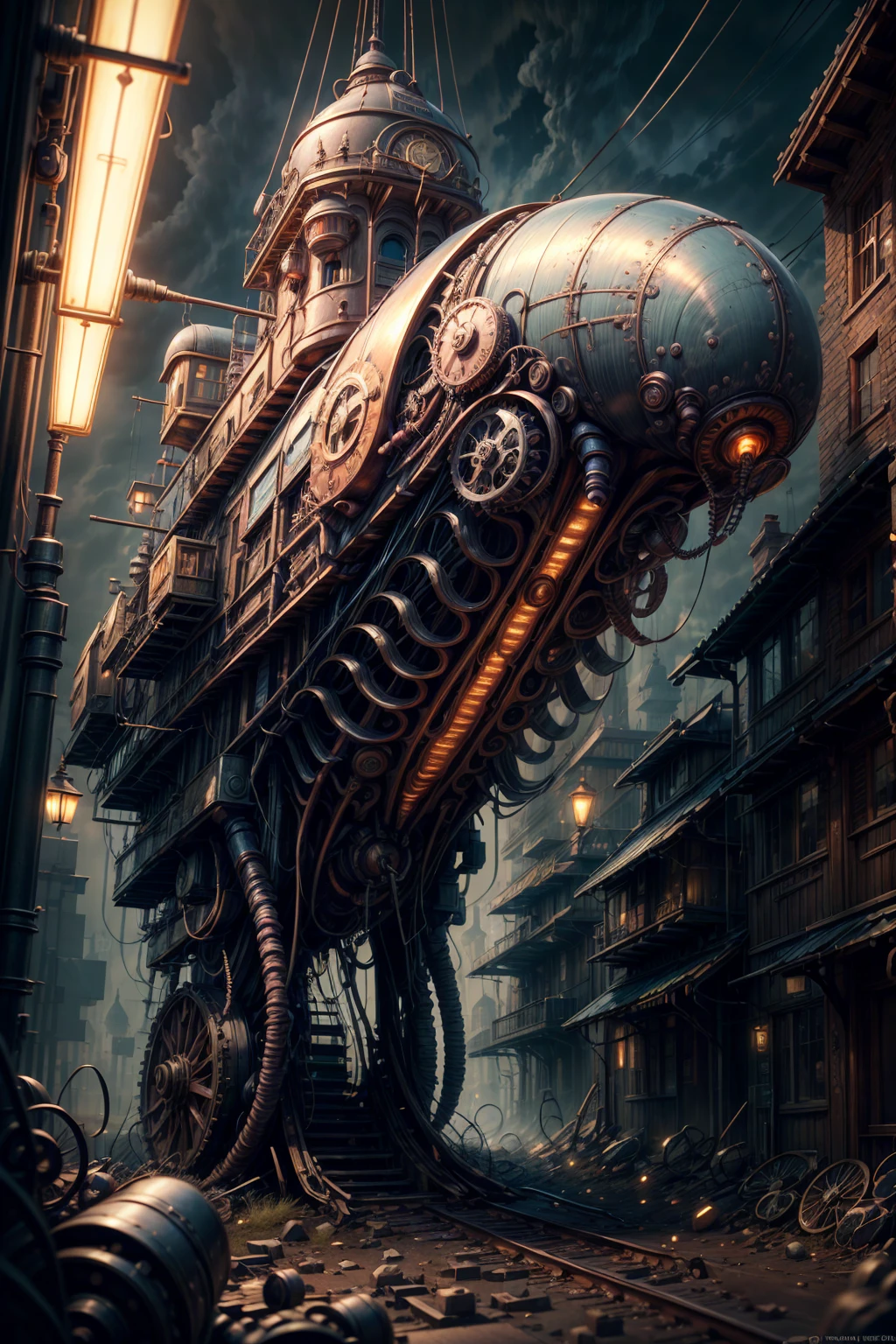 detailed steampunk cityscape, giant airships,clockwork machinery, cogs and gears, copper pipes,victorian architecture, old-fashioned street lamps,cobblestone streets,glowing neon lights,futuristic technology,industrial aesthetic,moody lighting,dramatic shadows,rich color palette,intricate details,cinematic composition,highly detailed,award winning digital painting,masterpiece,photorealistic,8k,HDR