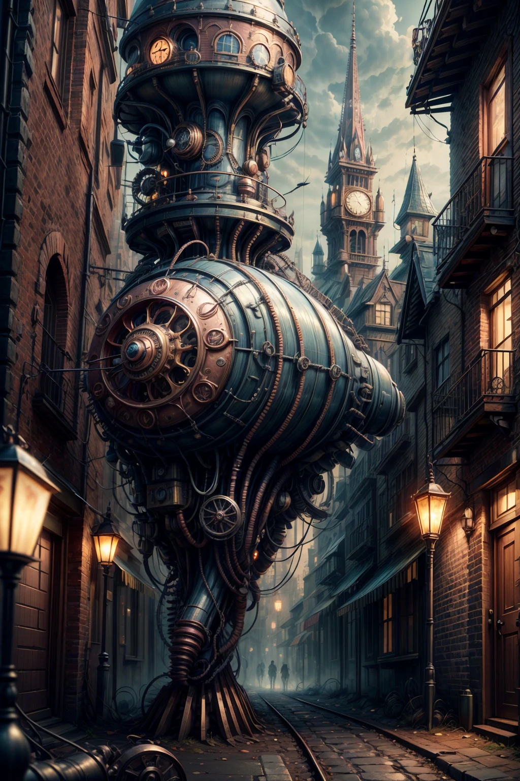 detailed steampunk cityscape, giant airships,clockwork machinery, cogs and gears, copper pipes,victorian architecture, old-fashioned street lamps,cobblestone streets,glowing neon lights,futuristic technology,industrial aesthetic,moody lighting,dramatic shadows,rich color palette,intricate details,cinematic composition,highly detailed,award winning digital painting,masterpiece,photorealistic,8k,HDR