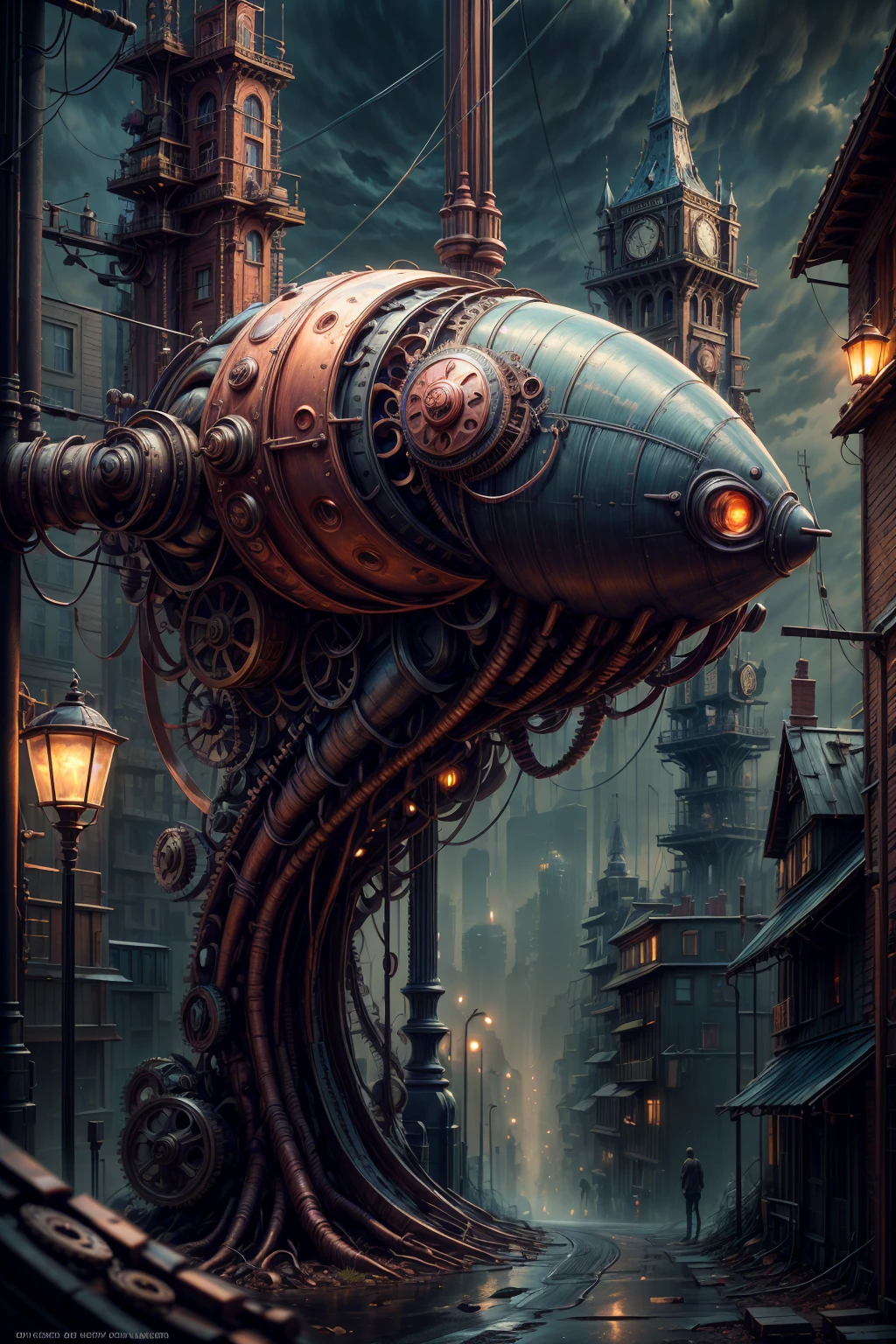 detailed steampunk cityscape, giant airships,clockwork machinery, cogs and gears, copper pipes,victorian architecture, old-fashioned street lamps,cobblestone streets,glowing neon lights,futuristic technology,industrial aesthetic,moody lighting,dramatic shadows,rich color palette,intricate details,cinematic composition,highly detailed,award winning digital painting,masterpiece,photorealistic,8k,HDR