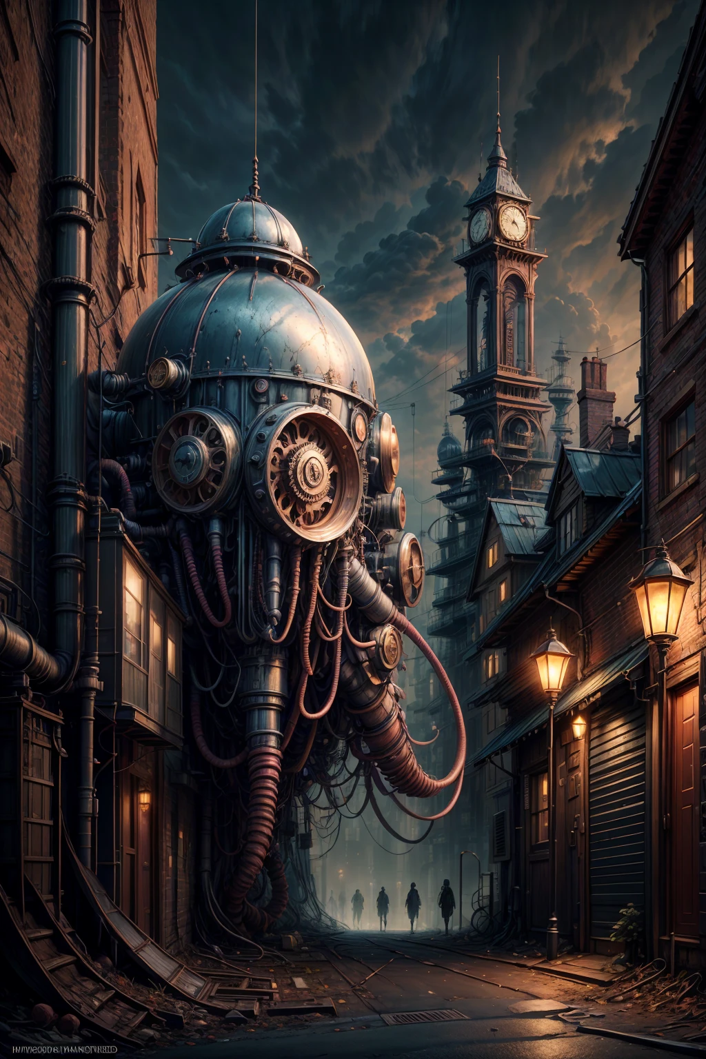 detailed steampunk cityscape, giant airships,clockwork machinery, cogs and gears, copper pipes,victorian architecture, old-fashioned street lamps,cobblestone streets,glowing neon lights,futuristic technology,industrial aesthetic,moody lighting,dramatic shadows,rich color palette,intricate details,cinematic composition,highly detailed,award winning digital painting,masterpiece,photorealistic,8k,HDR