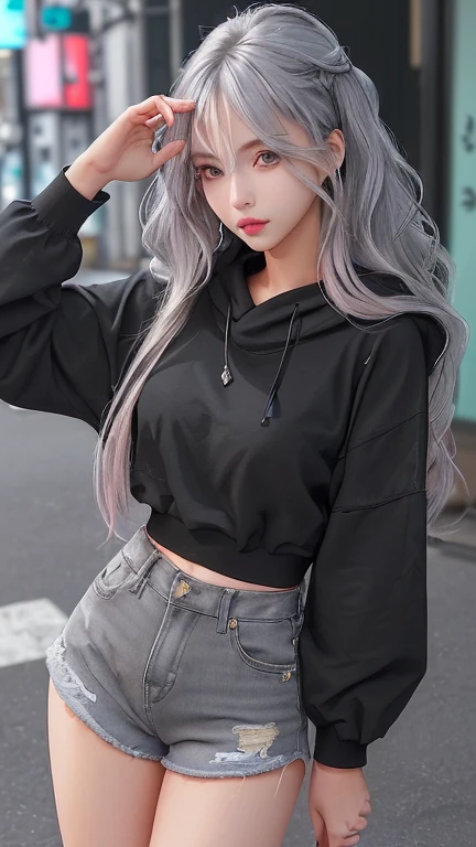 Half body close-up.cute poses,large black wristwatch,Beautiful young woman staring at the camera,sharp eyes,Beautiful eyes,Nineteen . cool gray hair,very detailed. My hair is long and wavy.,cute hairstyle, Modern clothes include a black hood.,Overcode, Jean shorts,slight tear,She was standing on a street in the middle of Tokyo..Beautiful face like a goddess,8k,pink lips