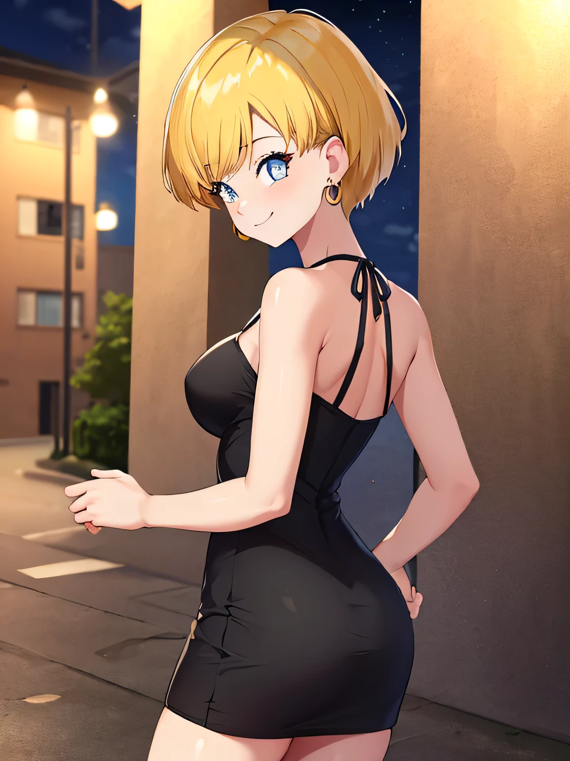 (Best Quality, Masterpiece:1.4), (Absurdres:1.2), erasa, blonde hair, short hair, blue eyes, beautiful detail eyes, earrings, masterpiece, best quality, very aesthetic, absurdres, spaghetti strap, skin tight black dress, sleeveless, night, street, standing, cowboy shot, medium breast, smile, 1 girl, solo
