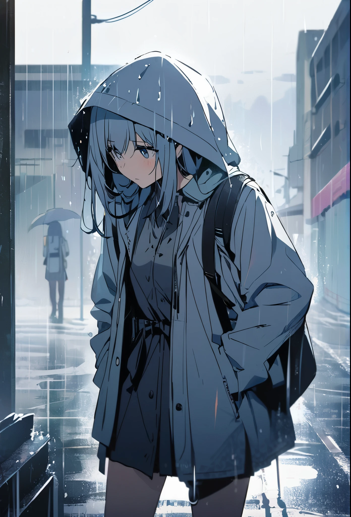 1girl, standing, raining 