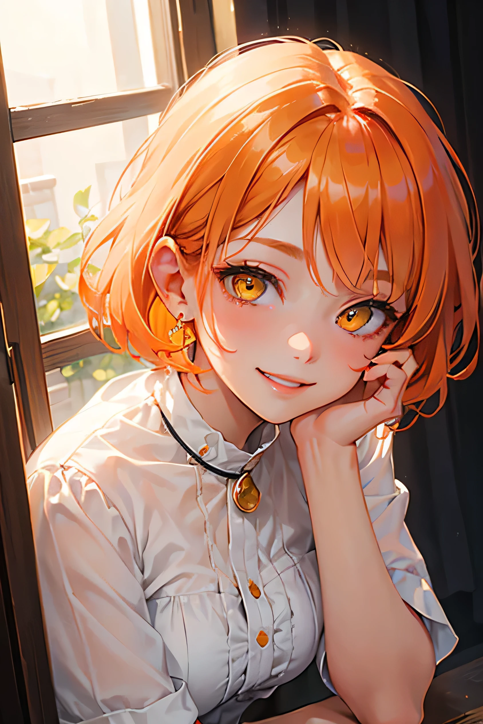 1girl solo hoshizora rin orange hair yellow eyes short hair,nsfw,,7ars old,shirt lift,smile,studio,crowd,cum on body / bukkake,Photo session with fans,taken by a fan,Idle Posing,fellatio 1boy Penis,