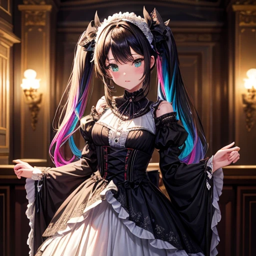 (One girl),Gothic,Twin tails up to the waist,Black Hair, Organza Lace,Gorgeous and elaborate clothes,Gothic, flight, green, (colorful), Bold, Gradient Blend, Motion Blur, Sparkling Texture, Dynamic configuration, Atmospheric perspective, Impressionist, , (masterpiece), (highest quality), wonderful, (Beautiful fine details), (In detail), Depth of written boundary, Highly detailed CG, original, Highly detailed wallpaper, (Vibrant colors), Cinema Lighting, (colorful), blush,The setting is the Demon King's Castle Part of my hair is green Countless swords are floating Draw the whole body