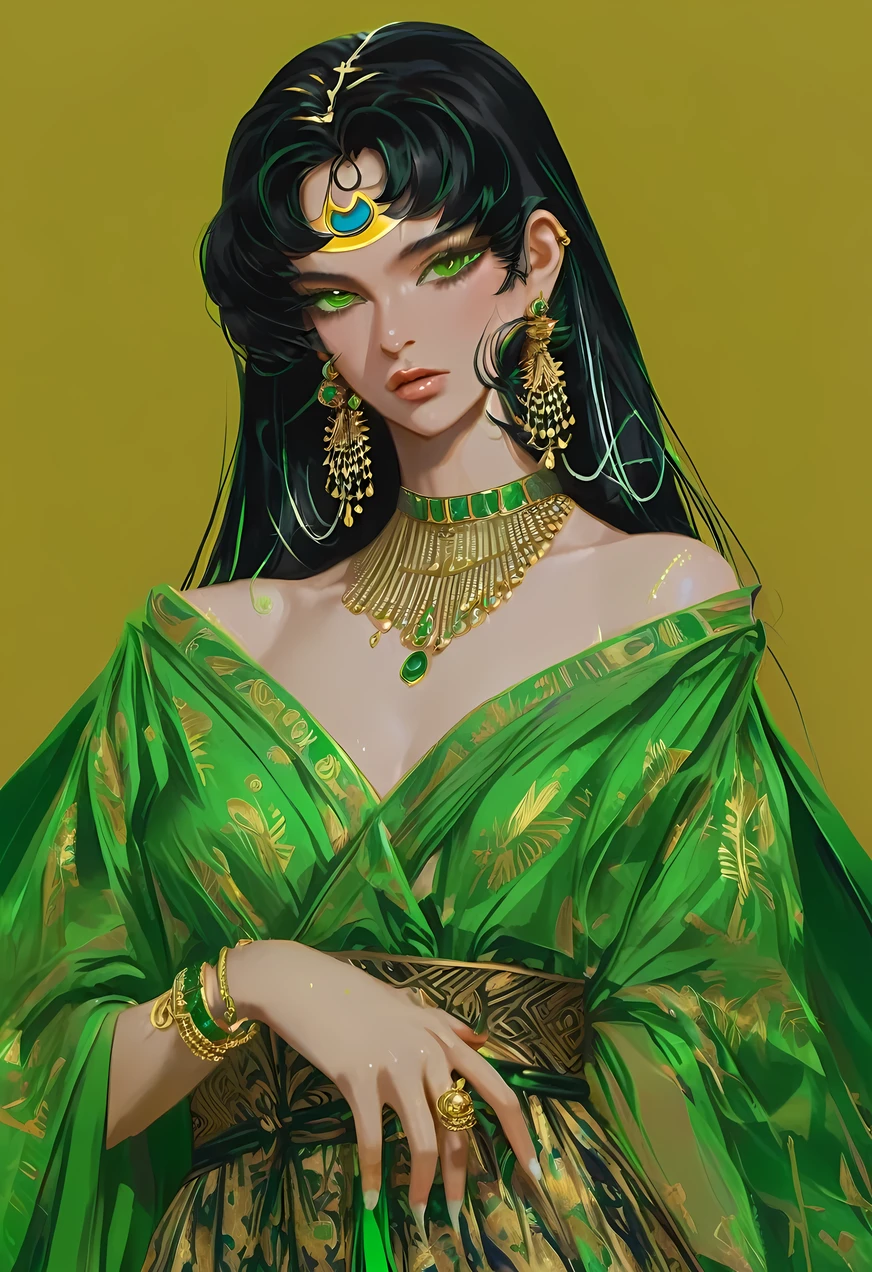 This illustration shows Cleopatra in ornate Egyptian dress.。She has long black hair and a pair of golden eyes.，Skin as white as snow。She has delicate makeup on her face，Green cat-eye eyeliner，A pair of golden earrings on the ears，There is a necklace hanging around the neck。
She was wearing a green dress，The skirt is decorated with gold and green patterns。A gold belt is tied around the waist，It is set with precious stones。Two bracelets on the wrist，There&#39;s a ring on her finger.。She holds a white ostrich feather fan，Ostrich feathers slightly curly，Looks very delicate and beautiful。
Overall，This female character gives people a sense of nobility and elegance
