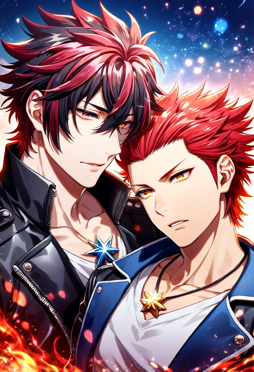 (absurdres, highres, ultra detailed, HDR) master piece, best quality, Suoh Mikoto, red hair, hair is kept short, ruffled, slicked back and spiked, with two strands of hair near the opposite sides of his head falling over his face, expressive amber eyes, black leather jacket with a black fur collar, a white V-neck shirt underneath, silver star-shaped necklace, K Project, Reiki, red hair, with bangs, expressive amber eyes, two sexy men together, gay couple, yaoi, handsome, toned chest, black leather jacket, magical fantasy, glittering, sparkling, red lotus, red petals, radiant, red sparkling fireflies, flames