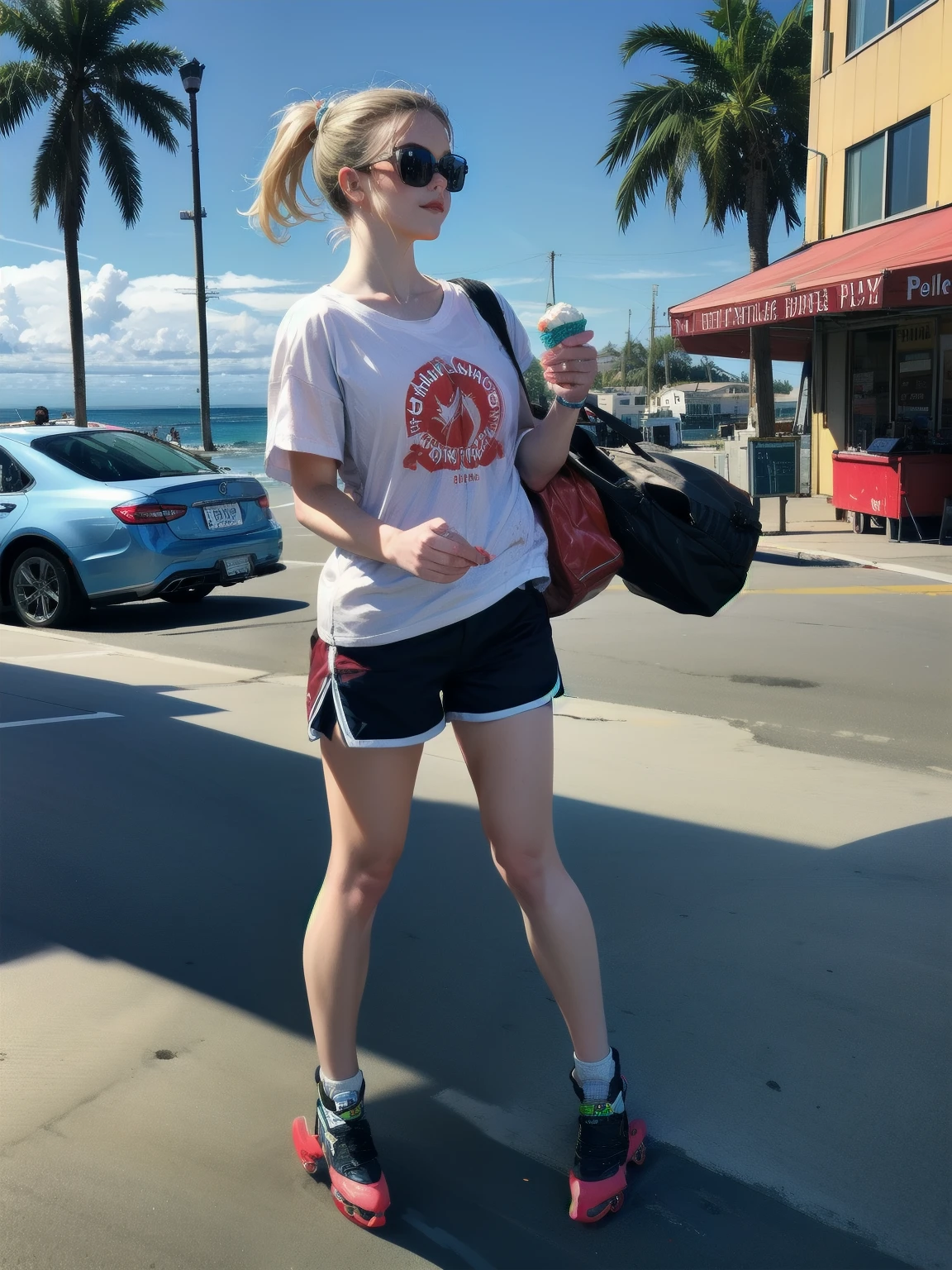 girl rollerblading by the beach, rollerblades, orange sunglasses, holding an icecream, palm trees, sandy beach, pavement, neon shorts, white t-shirt, sunny, realistic, beautiful, scenery, dynamic light, sharp focus, bright pupils, illustration