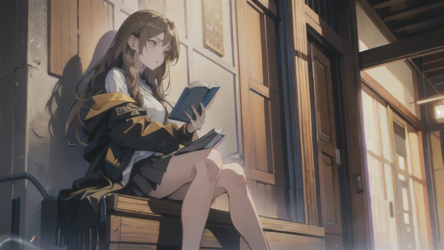 Mature Woman, Expressionless, bar, Leaning against a wall, interior, wooden interior, One girl, Brown Hair, Shoulder-length hair, Yellow Eyes, Black jacket, shining heart,mini skirt,whole body,Reading a book