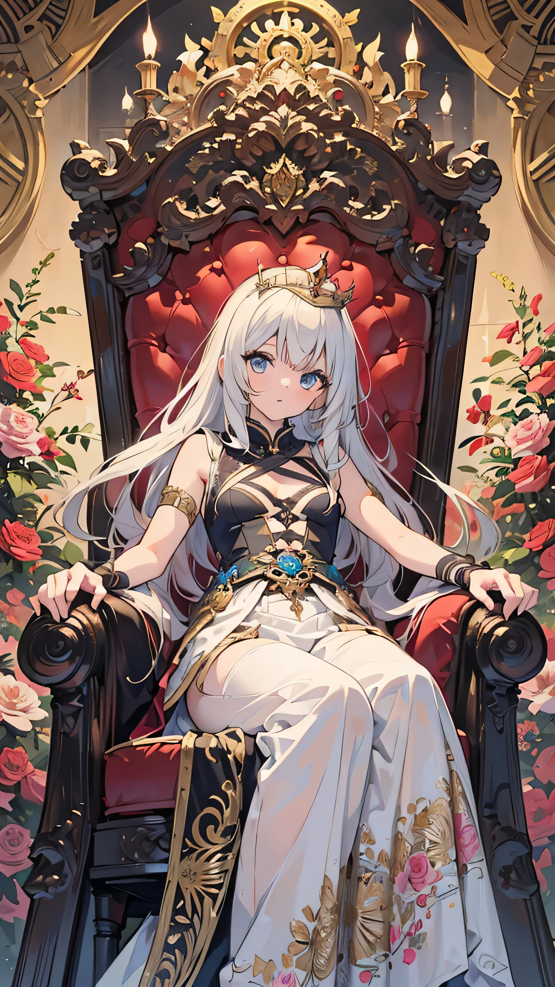 Official Art, wallpaper, Very detailed, (((Very detailedな目と顔))), shut up., masterpiece, highest quality, Realistic portraits, (ZenTangle, Mandala, Tangle, EnTangle), Complex clothing, Very detailed, Dynamic Angle, The most beautiful form of chaos, elegant, Brutalist Design, Vibrant colors, Romantic Flowers, (Best image quality, masterpiece:1.2), 1 girl, (Shoot from below), Gorgeous sleeveless vibrant queen dress, Sit on the throne chair, Queen's Crown, whole body, Underarm, Luxurious palace room, RPG Royale, Beautiful feet, Backlight