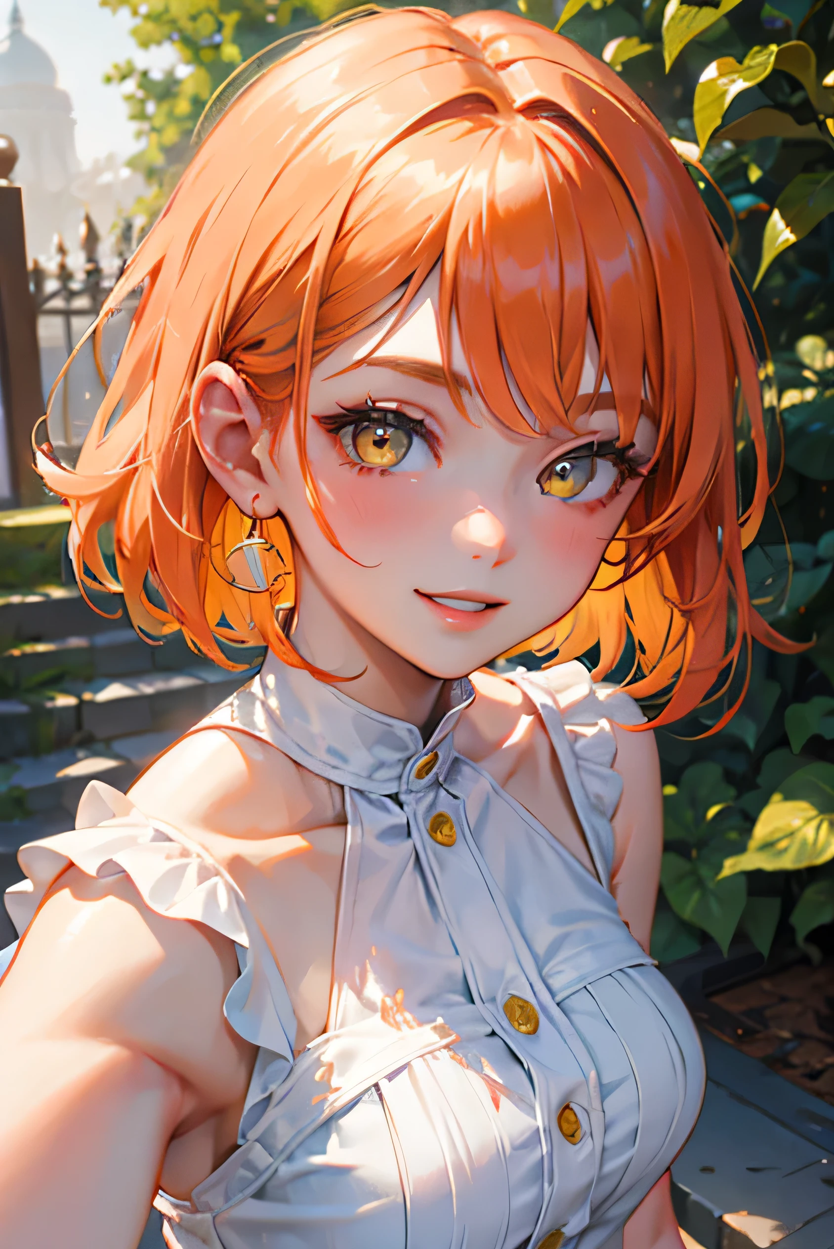 masterpiece, highest quality, so beautiful、up to date、Orange Hair, short hair, (Yellow Eyes)、((Fearless smile))、Adult woman in white dress、Face close-up、bullish expression