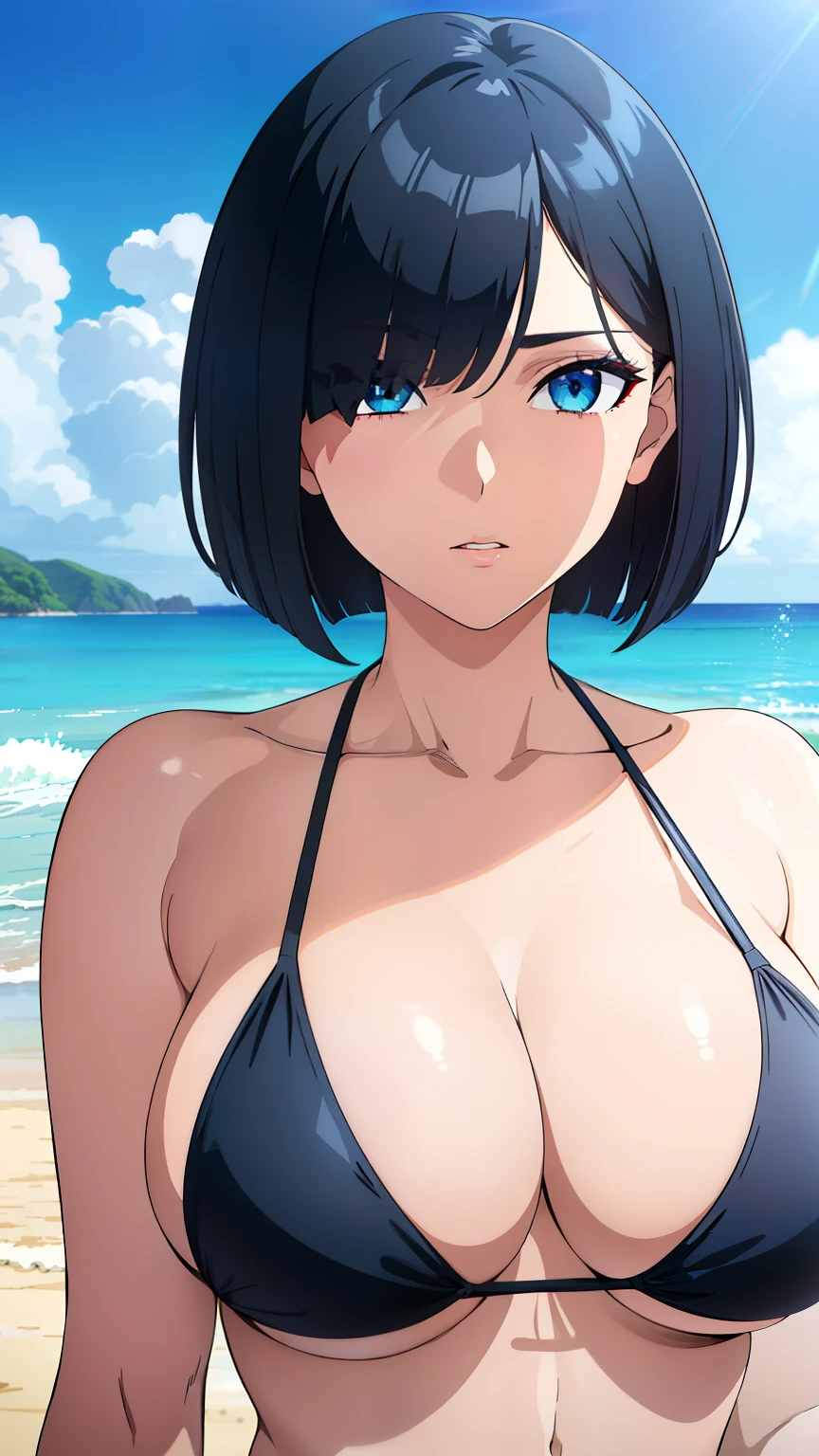 (best quality:1.5, highres, UHD, 4K, detailed lighting, shaders), black hair, bob cut, hair covering one eye, cool woman, cool girl, sharp eyes, blue eyes, beautiful, beach background, bikini, large breasts
