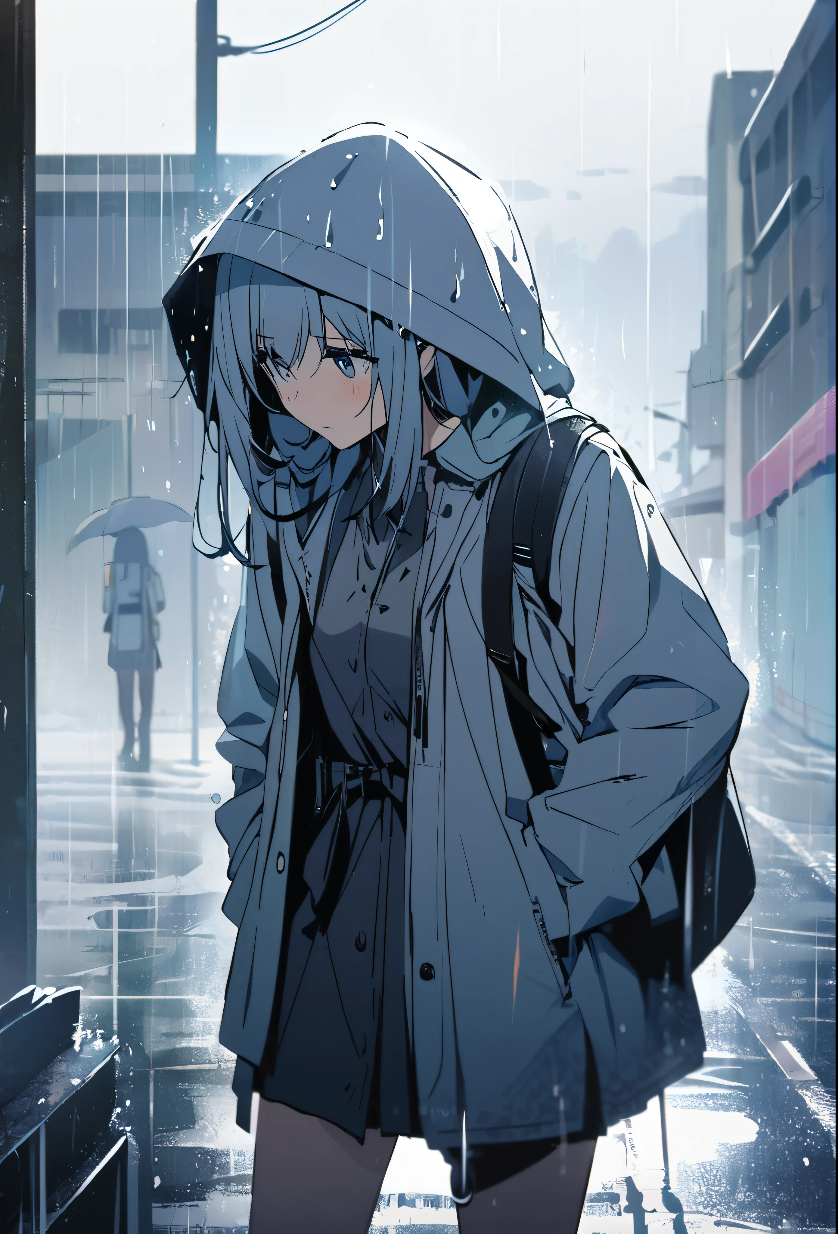 1girl, standing, raining