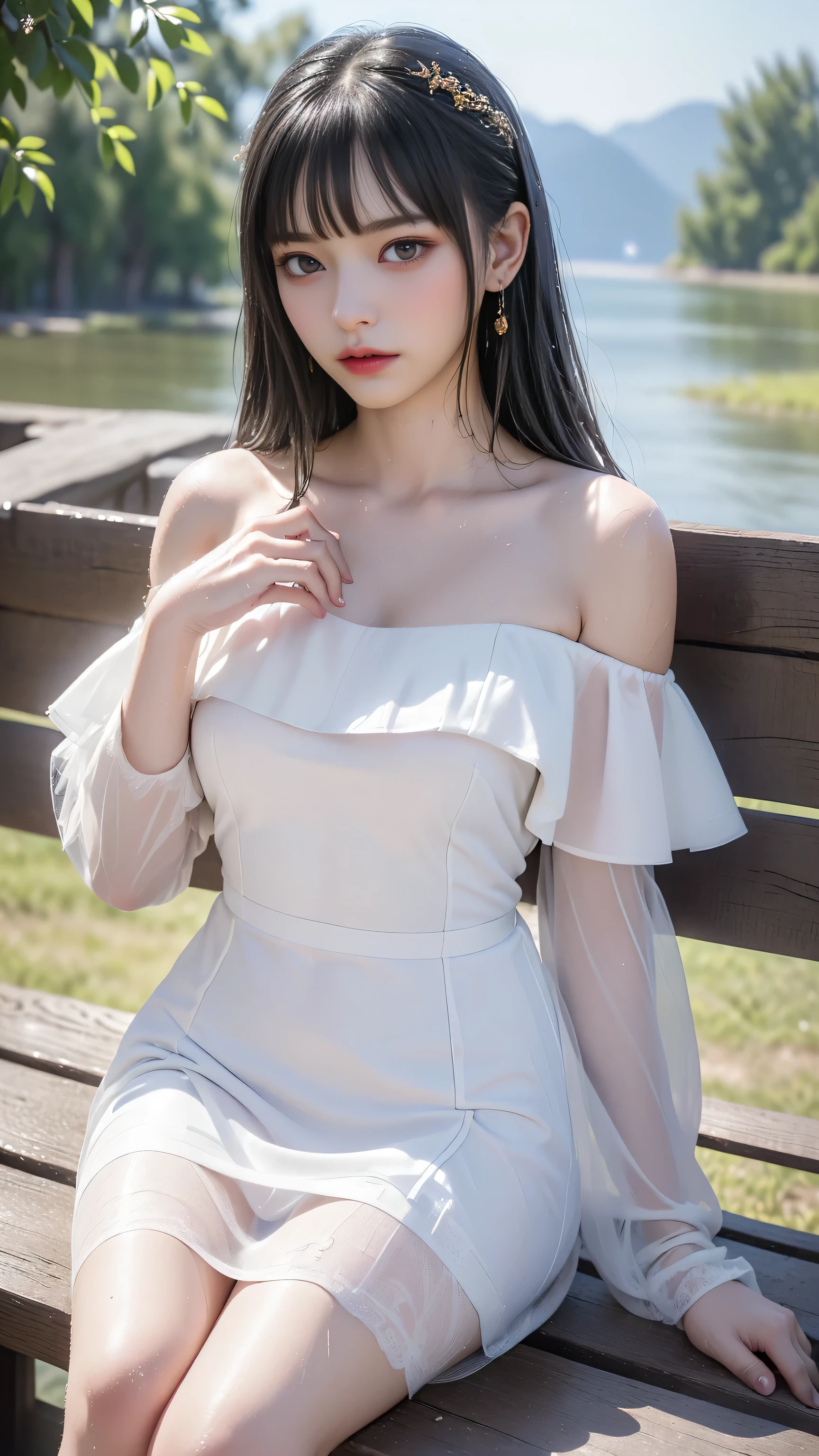 ((Girl sitting on a bench in a lakeside park))、Highest quality work、Actual work、Ultra Premium Graphics、8K HD CG Works、High Quality Graphics、High-definition CG works、10x pixels、Ultra-fine detail:1.1、High level of technical detail:1.1 Photorealistic、Natural light:1.5、(((Straight Van、Princess Van))、(((Very Heavy、Volume Bang:1.1))、(((Very Long、Very Heavy、Very Volume Side Lock:1.1)、Hime Cut、Straight bangs、Round Face Ugly Bangs、Ugly Long Bangs、Bangs straight、(masterpiece、Highest quality:1.5)、(Ultra-fine 8K CG:1.4)、(Hyperreal:1.25)、(Real:1.4)、((Golden white hair))、Thin eyebrows、High nose、Nice red lips、Rosy Cheeks、A face with subtle makeup、Cute Face、Perfectly balanced face、()、Light-toned foundation enhances skin transparency、、(Wet off-the-shoulder white dress))。40k、photograph、Tabletop、Highest quality、rain background、(1. A girl with beautiful eyes and light hair、 White skin、Mr. Miss.々Pose。((Medium size chest、:1.1))、highest quality、Tabletop、Ultra-high resolution、(Real:1.4)、RAWphotograph、(Perfect Figure)、(slim:1.3)、Slim abdomen、Perfect slim figure、Dynamic Pose、alone、Cold light 12000K、Very detailedな顔と肌の質感、detailed、Realistic eyes、Beautiful details、(Real Skin)、charm、Ultra-high resolution、Surreal、Very detailed、（(She&#39;s wet))