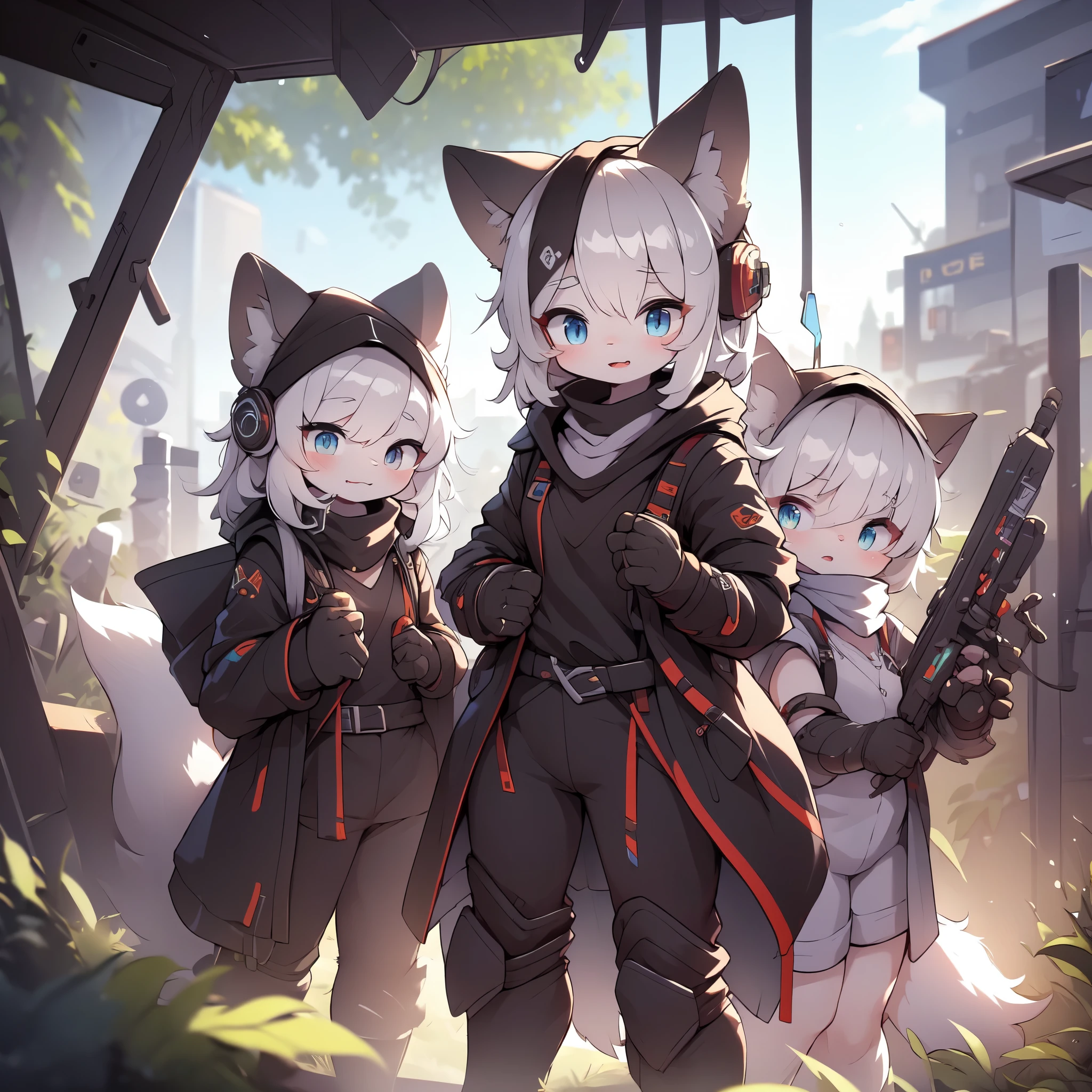 Kawaii, Striped Fluffy Fox, emaciated, long hair, 3girls, artificial synthetic skin, life support prosthetics, digital headphones, black tight latex bodysuit, white long dress, thigh-high-socks, shorts, loose off-the-shoulder hood open jacket, holsters in thigh, Mechanical boots, tactical knee pads, tactical belted loose Arm Sleeves, cybernetic Display gloves, chest rigs, tactical belts, blue archive halo, bulletproof goggles on forehead, from Ark nights, ray tracing, depth of field, bloom, masterpiece, ccurate, high details, highres
