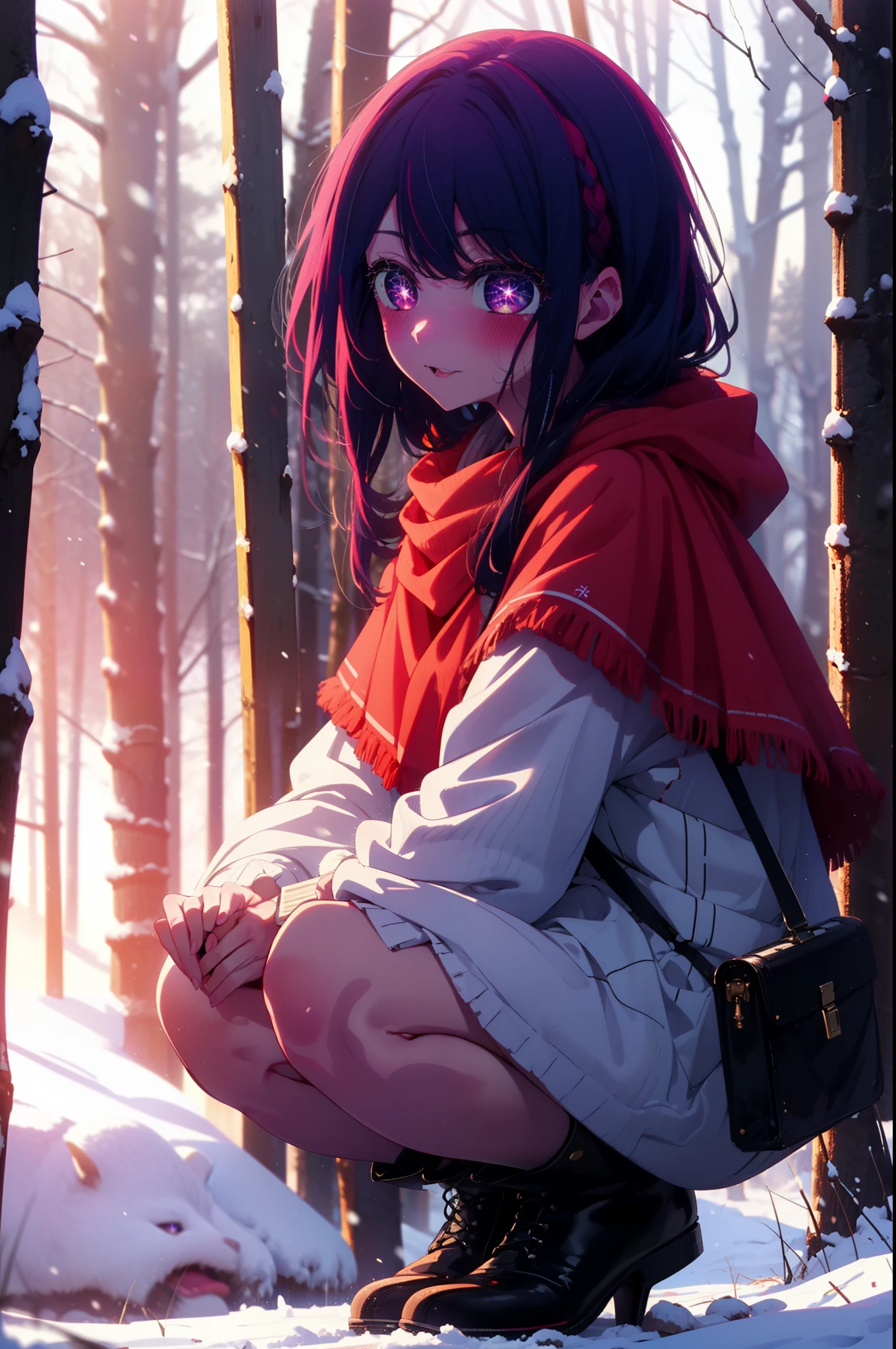 aihoshino, Ai Hoshino, Long Hair, bangs, (Purple eyes:1.1), Purple Hair, (Symbol-shaped pupil:1.5), smile,,smile,blush,White Breath,
Open your mouth,snow,Ground bonfire, Outdoor, boots, snowing, From the side, wood, suitcase, Cape, Blurred, , forest, White handbag, nature, Squat, Mouth closed, Cape, winter, Written boundary depth, Black shoes, red Cape break looking at viewer, Upper Body, whole body, break Outdoor, forest, nature, break (masterpiece:1.2), highest quality, High resolution, unity 8k wallpaper, (shape:0.8), (Beautiful and beautiful eyes:1.6), Highly detailed face, Perfect lighting, Extremely detailed CG, (Perfect hands, Perfect Anatomy),