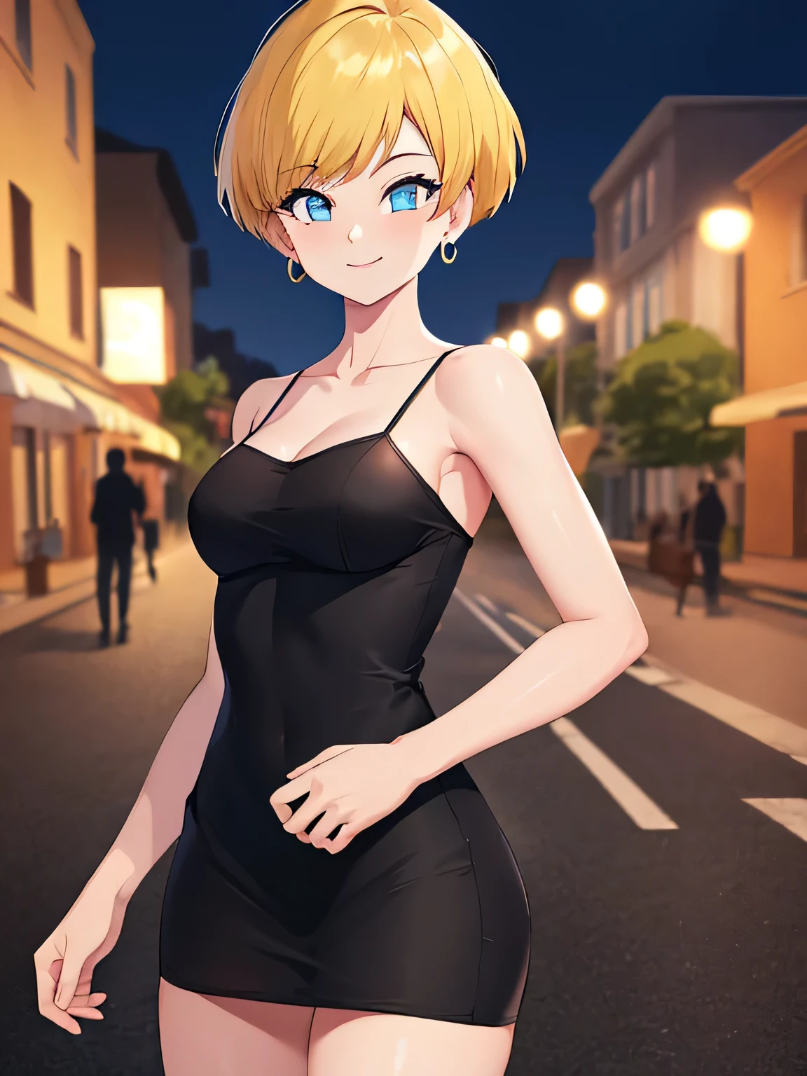 (Best Quality, Masterpiece:1.4), (Absurdres:1.2), erasa, blonde hair, short hair, blue eyes, earrings, masterpiece, best quality, very aesthetic, absurdres, spaghetti strap, skin tight black dress, sleeveless, night, street, standing, cowboy shot, medium breast, smile, 1 girl, solo