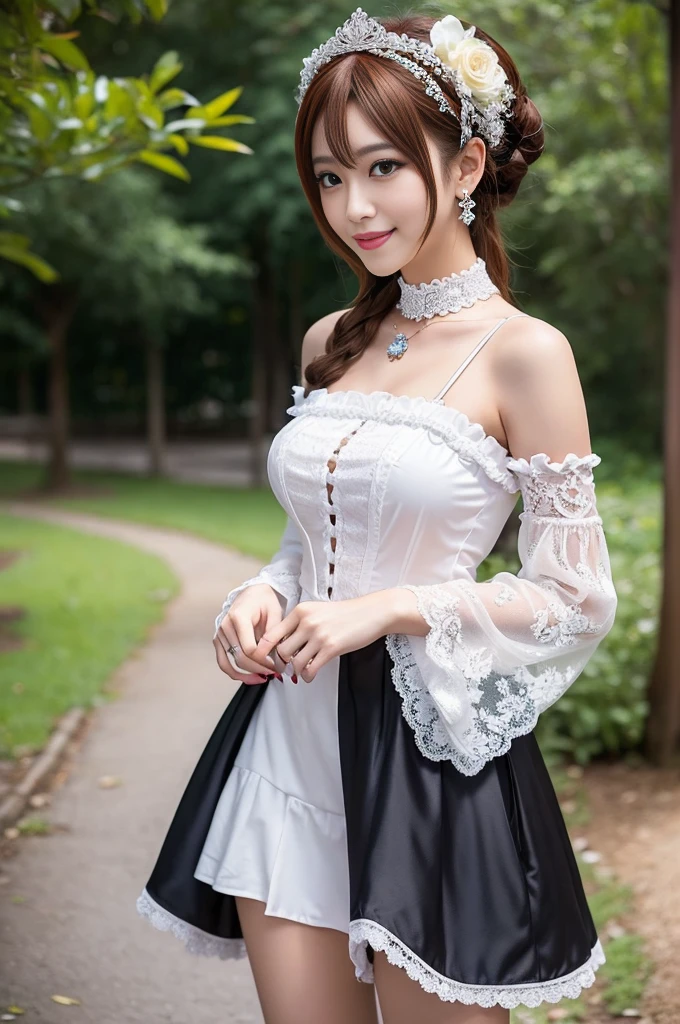 (nsfw), sexy stylish Thai model, only 1 female, ((doll-like appearance)), short Auburn stylish hair, ((shiny Victorian-Style boots)), (big smile), ultra detailed eyes, vivid eye makeup, lipgloss, long lashes, defined eyebrows, ((sexy Paradise Kiss cosplay)), bell-shaped skirt, petticoats, high neckline, puffed sleeves, ((ultra detailed lace)), ((ultra detailed embroidery)), intricate details, Paradise Kiss accessoires and matching headpiece, choker, ((large sparkling Paradise Kiss jewelry)), cinematic light, detailed large park background with trees